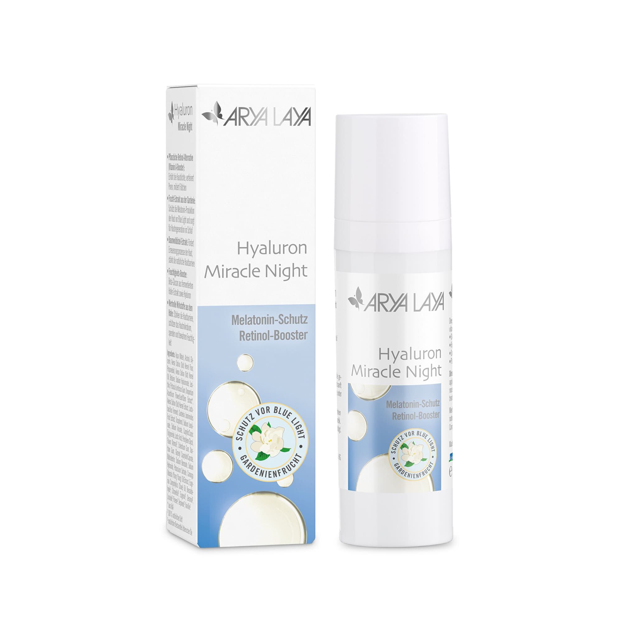 Airless-Spender und Faltschachtel mit ARYA LAYA Hyaluron Miracle Night, 30 ml