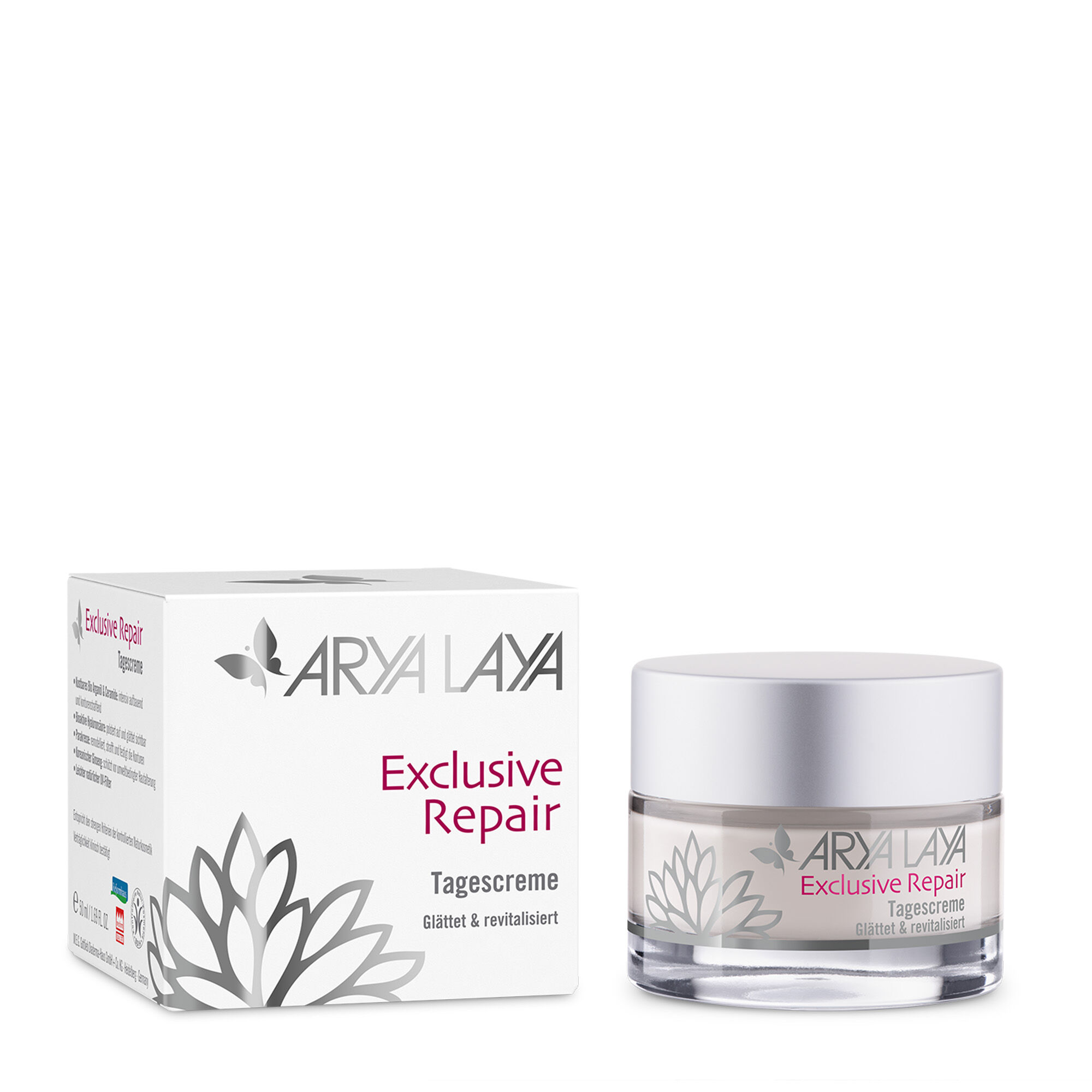 Tiegel und Faltschachtel mit ARYA LAYA Exclusive Repair Nachtcreme, 50 ml