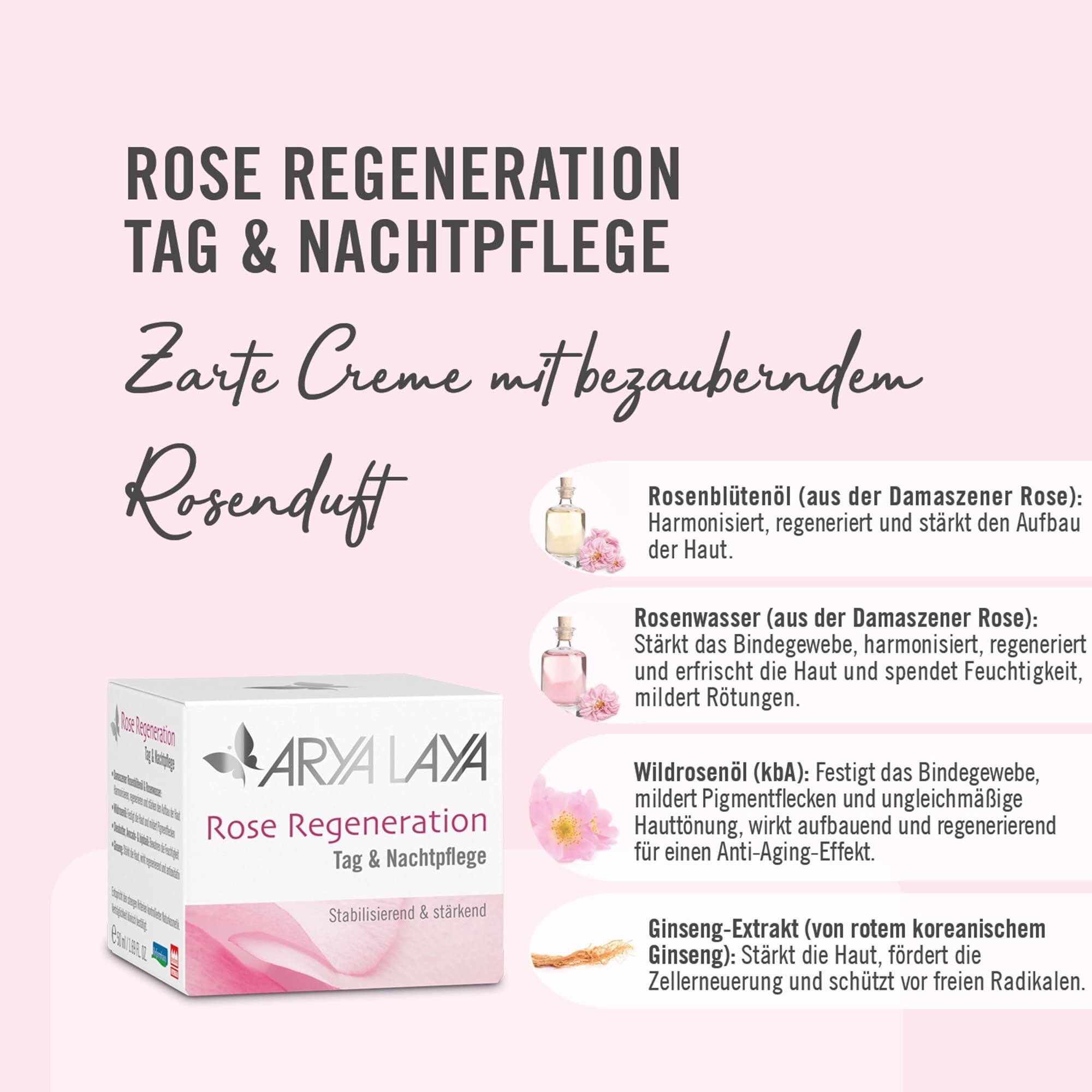 Wirkstoffe ARYA LAYA Rose Regeneration Tag und Nachtpflege