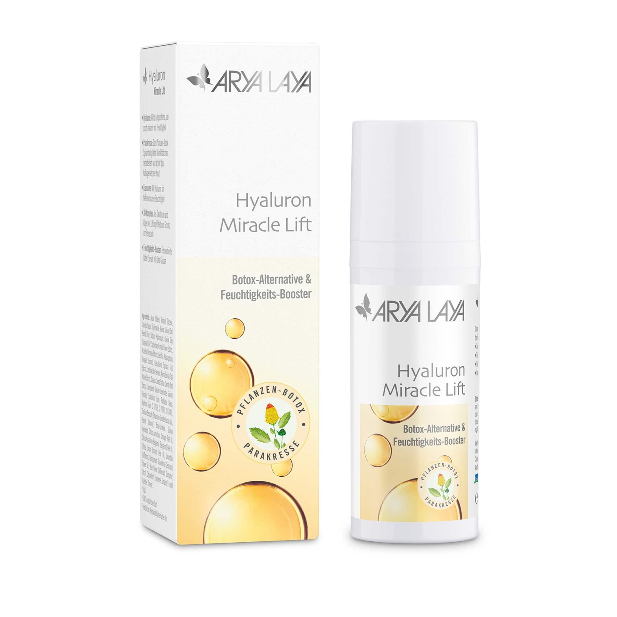 Airless-Spender und Faltschachtel mit ARYA LAYA Hyaluron Miracle Lift, 50 ml im neuen Design