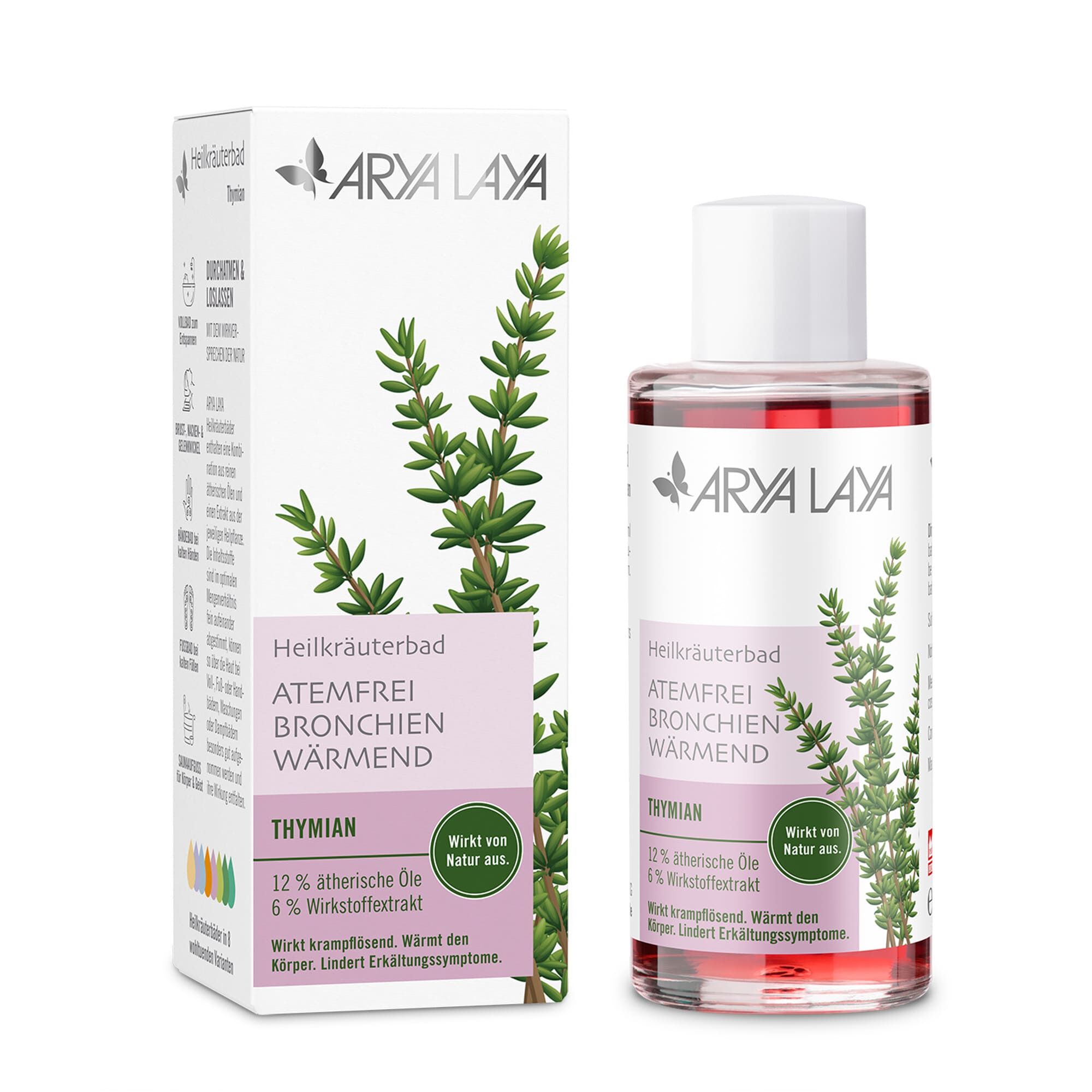 Glasflasche und Faltschachtel mit ARYA LAYA Heilkräuterbad Thymian - Atemfrei, 100 ml