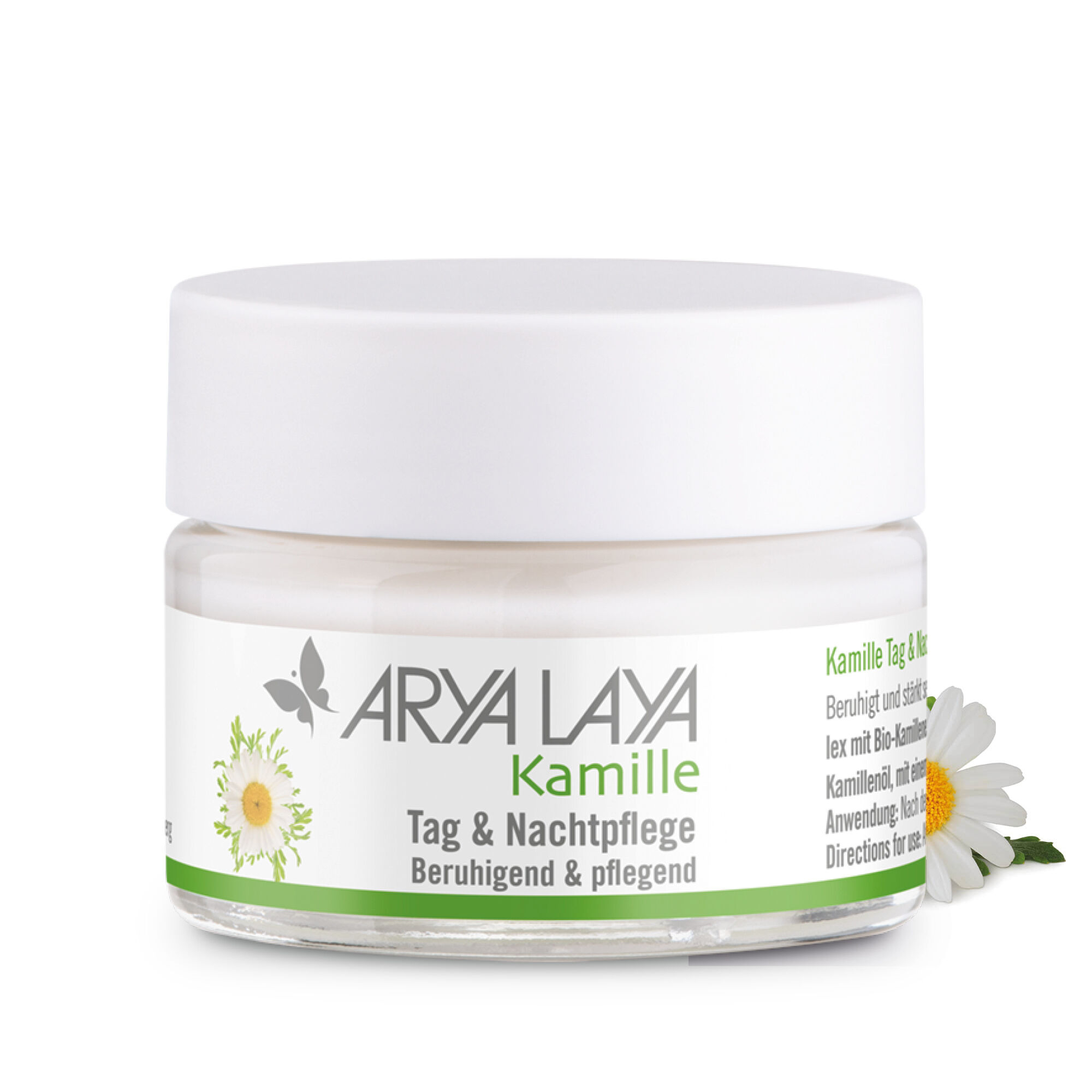 Glastiegel mit ARYA LAYA Kamille Tag und Nachtpflege, 50 ml
