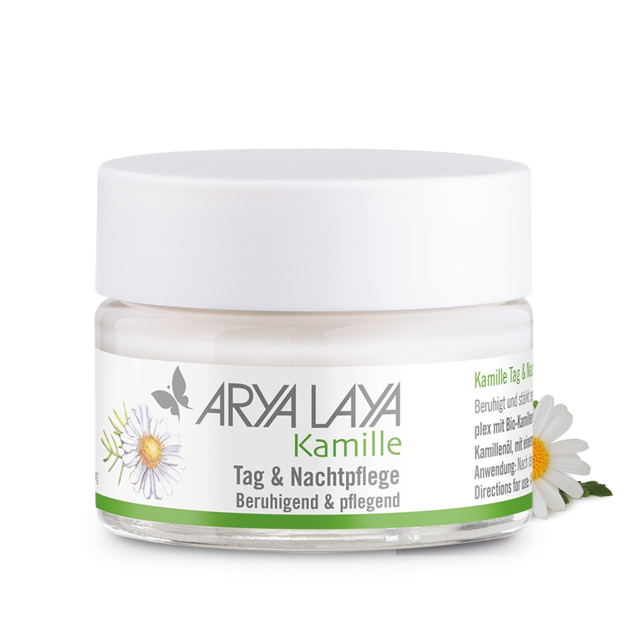Glastiegel mit ARYA LAYA Kamille Tag und Nachtpflege, 50 ml