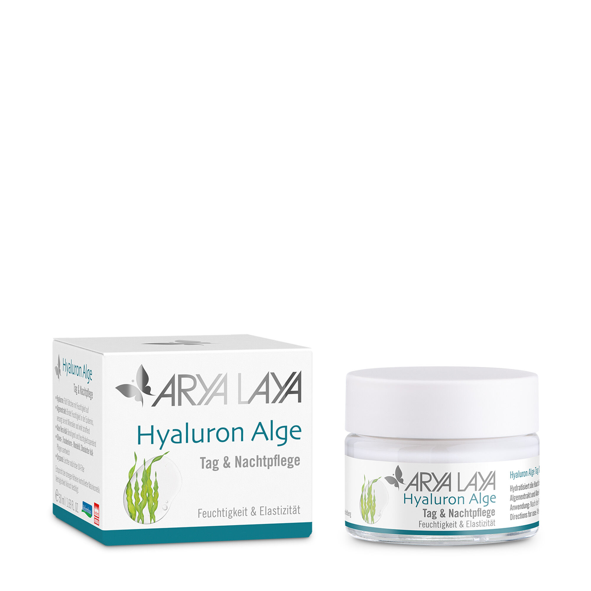 Glastiegel und Faltschachtel mit ARYA LAYA Hyaluron Alge Tag und Nachtpflege, 50 ml
