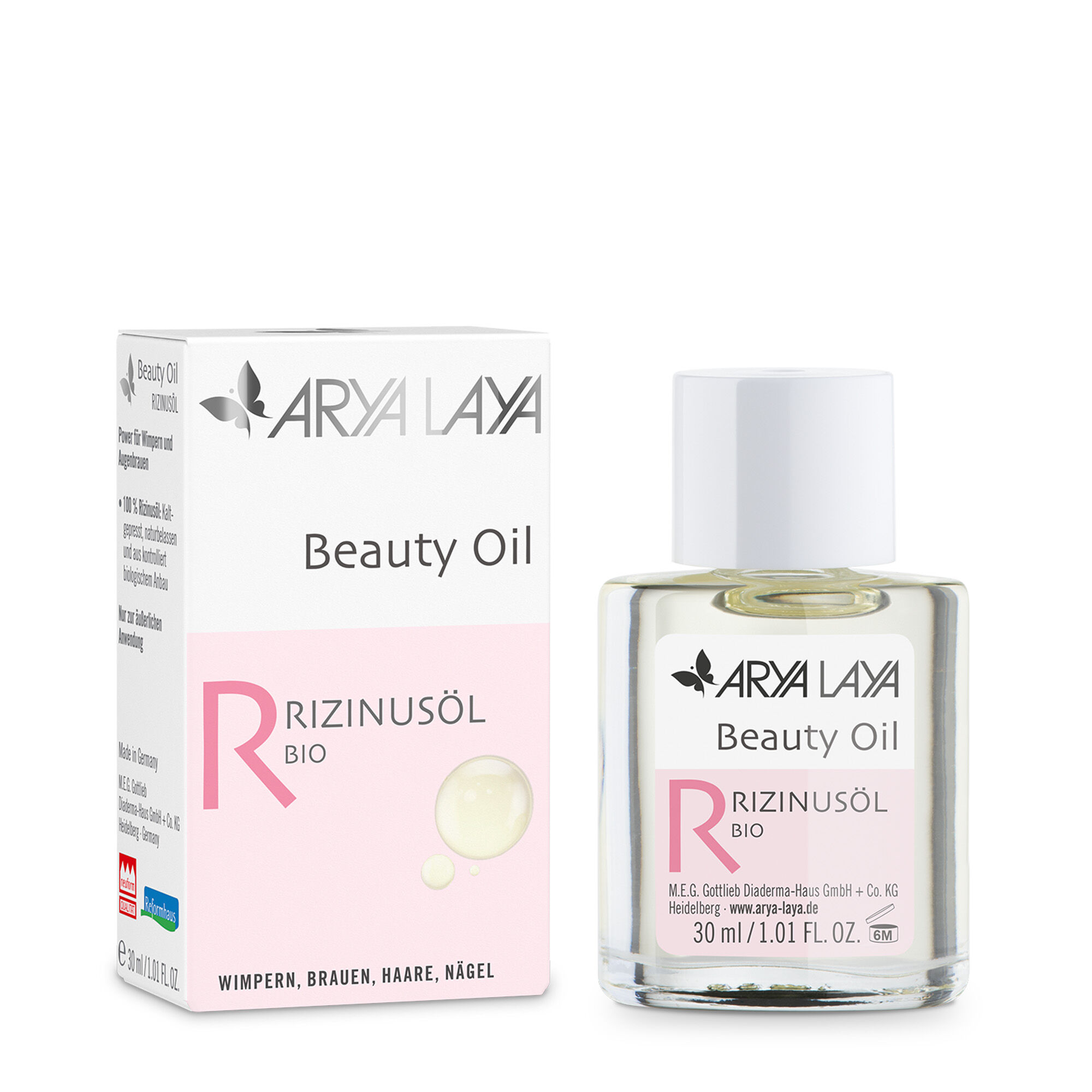 Glasfläschchen und Faltschachtel mit ARYA LAYA Beauty Oil Rizinusöl, 30 ml