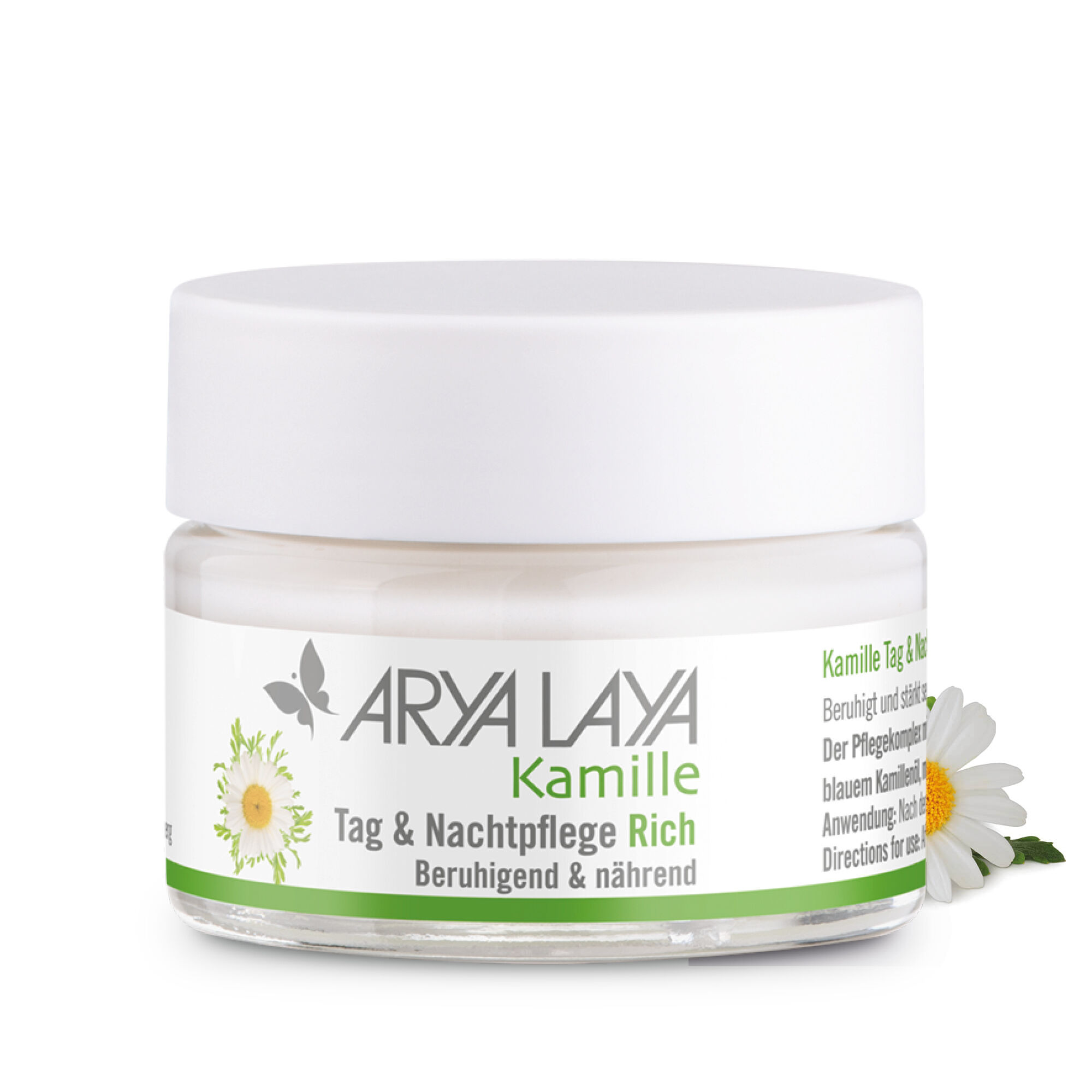 Glastiegel mit ARYA LAYA Kamille Tag und Nachtpflege Rich, 50 ml