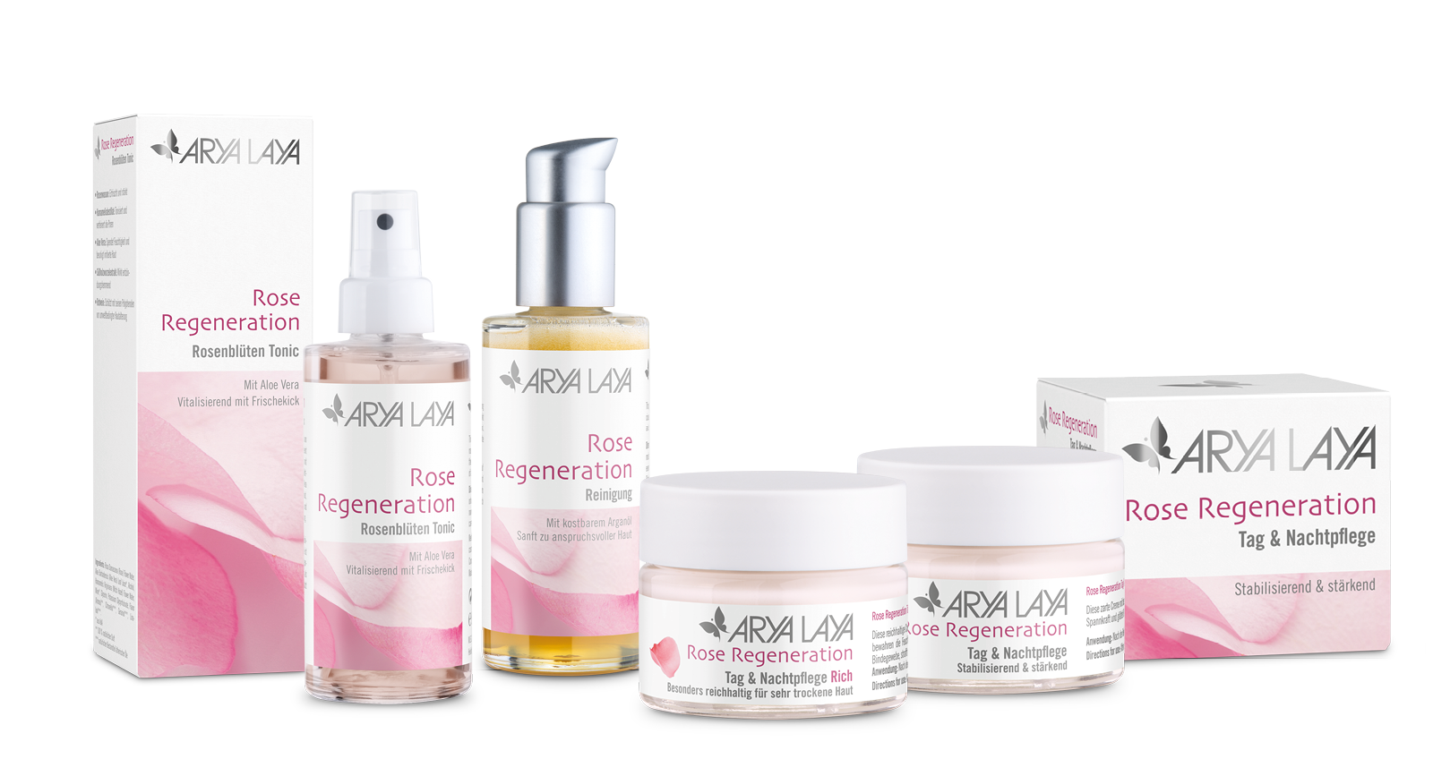 Produktübersicht der ARYA LAYA Pflegeserie Rose Regeneration