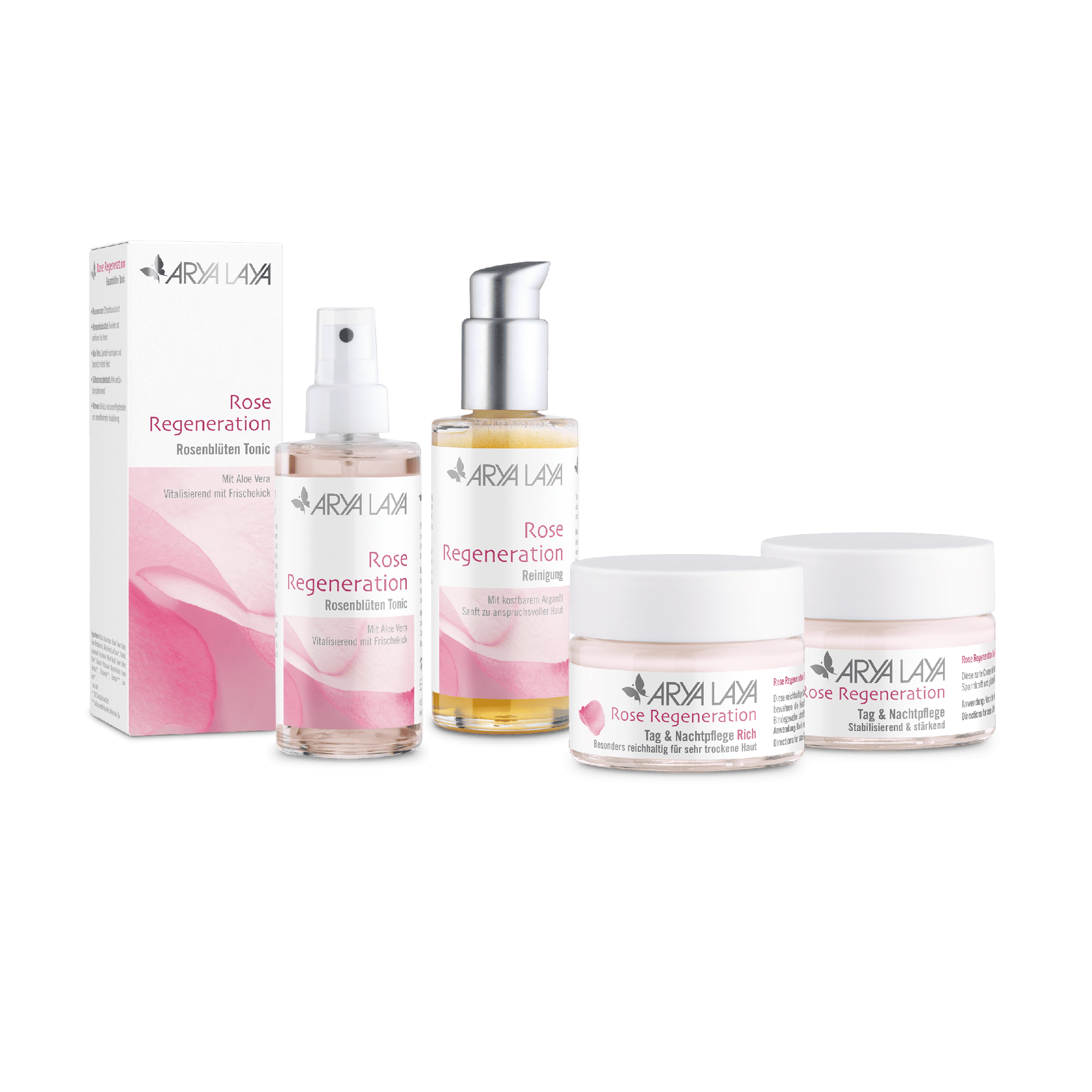 Produktübersicht der ARYA LAYA Pflegeserie Rose Regeneration