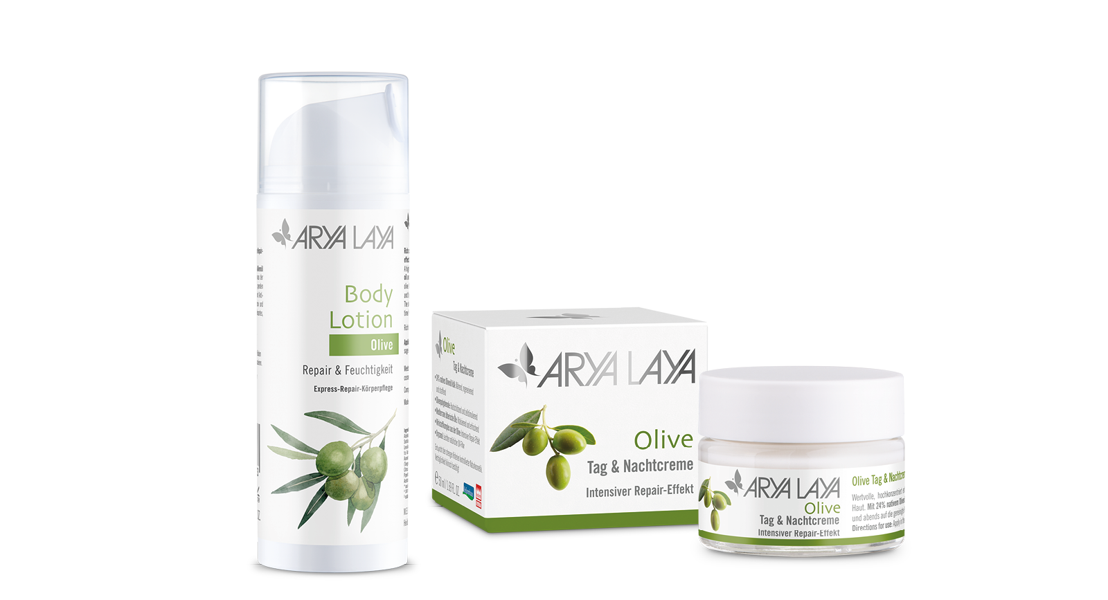 Produktübersicht der ARYA LAYA Pflegeserie Olive