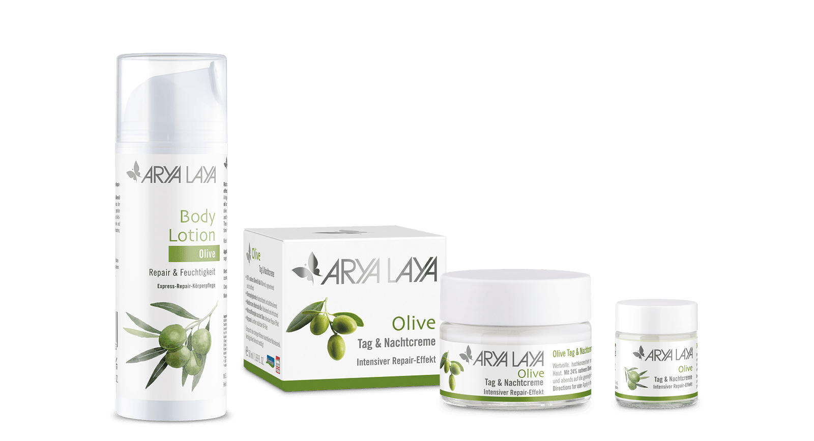 Produktübersicht der ARYA LAYA Pflegeserie Olive