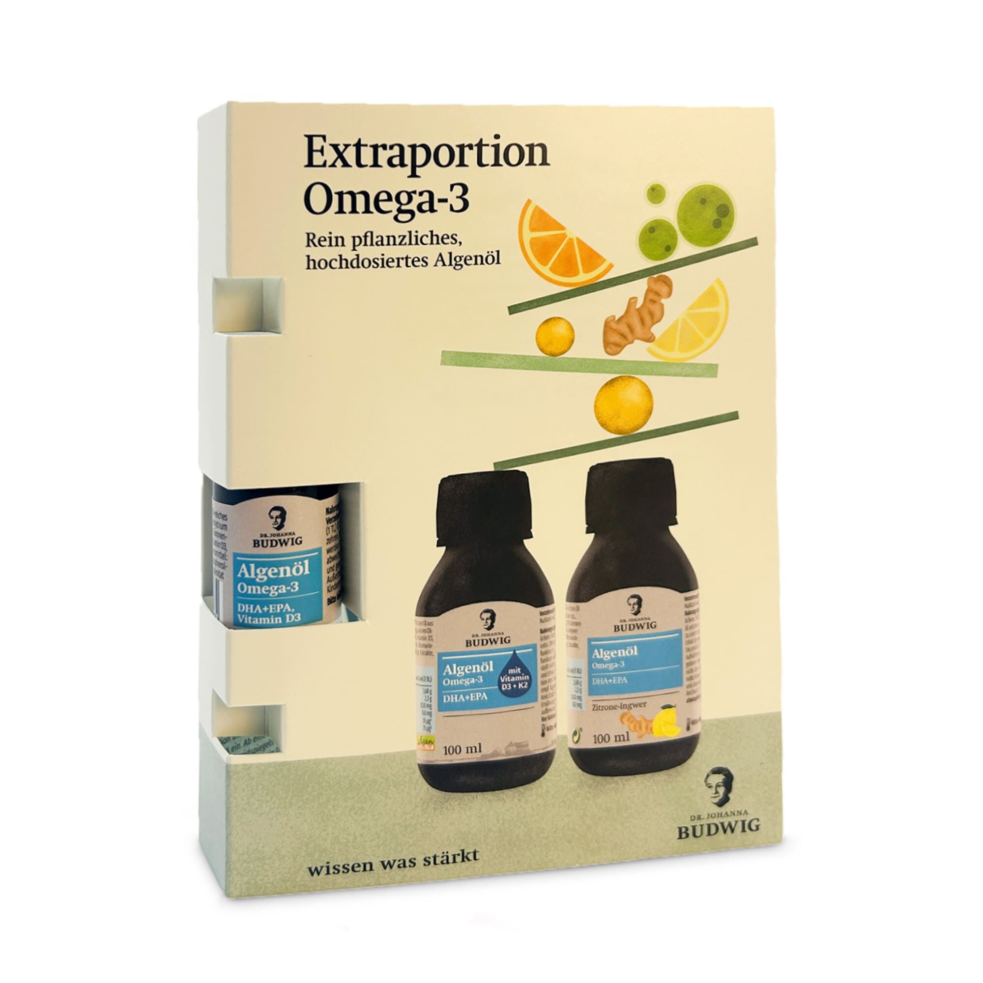 Extraportion Omega-3: rein pflanzliches hochdosiertes Algenöl Zitrone-Ingwer