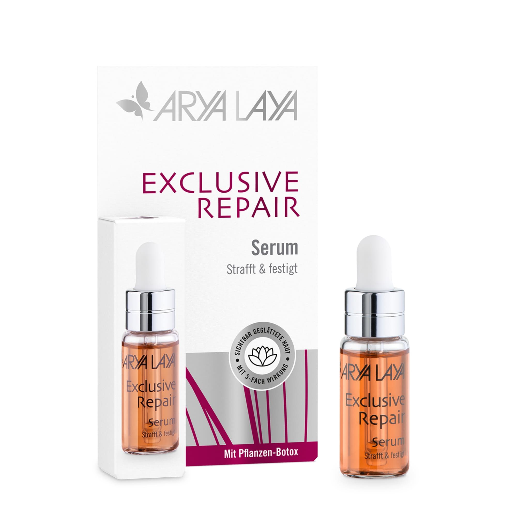 Glasfläschchen und Faltschachtel mit ARYA LAYA Exclusive Repair Serum, 5 ml