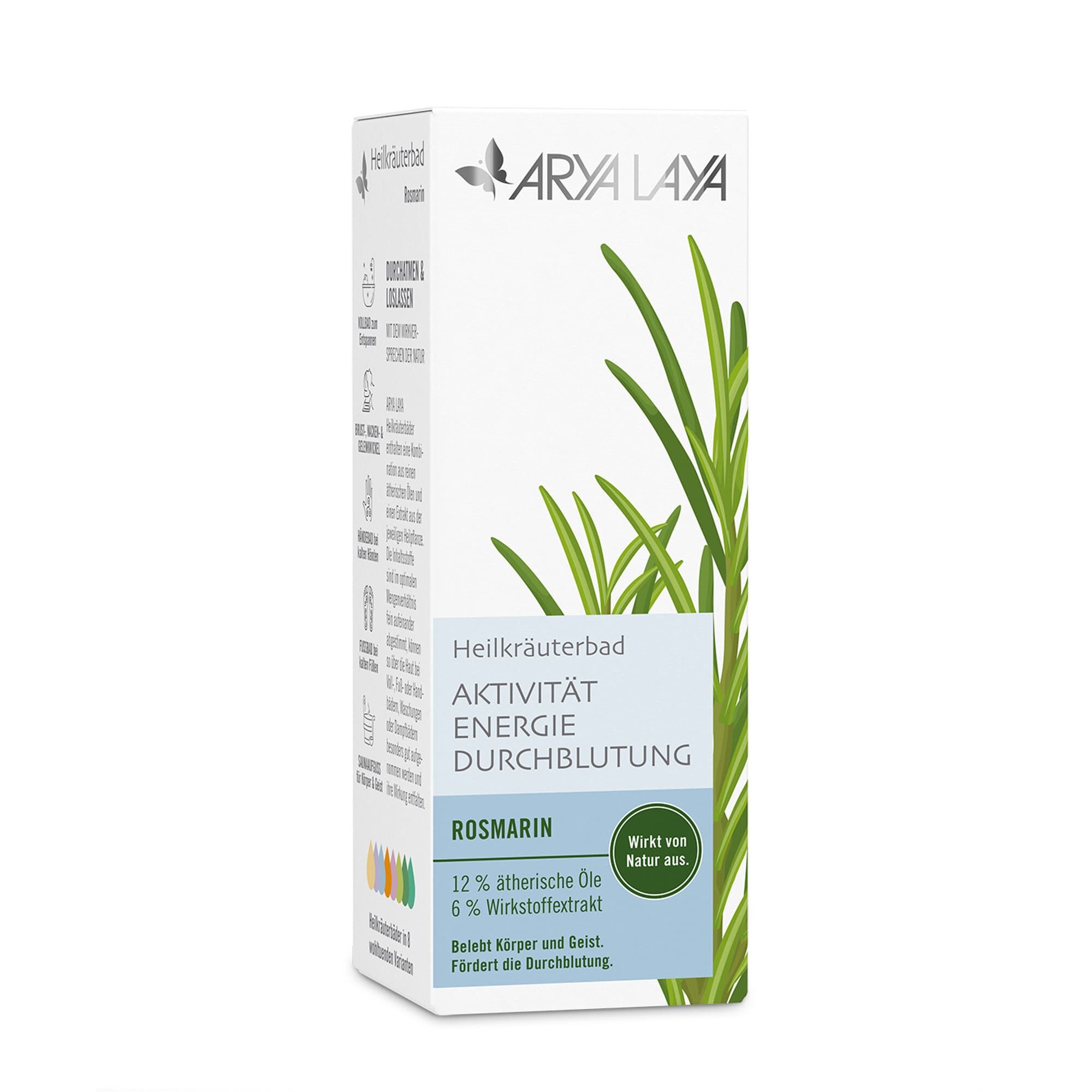 Faltschachtel mit ARYA LAYA Heilkräuterbad Rosmarin - Durchblutung, 100 ml
