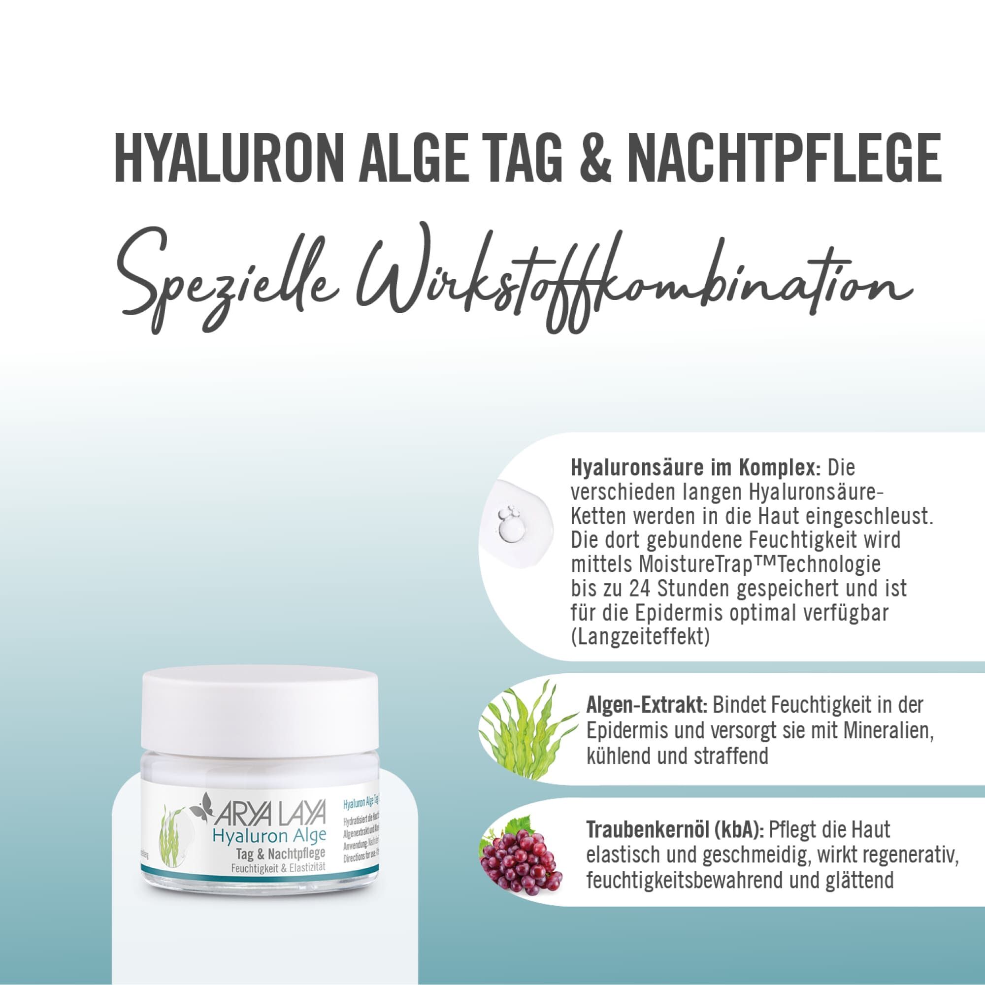 Wirkstoffe ARYA LAYA Hyaluron Alge Tag & Nachtpflege