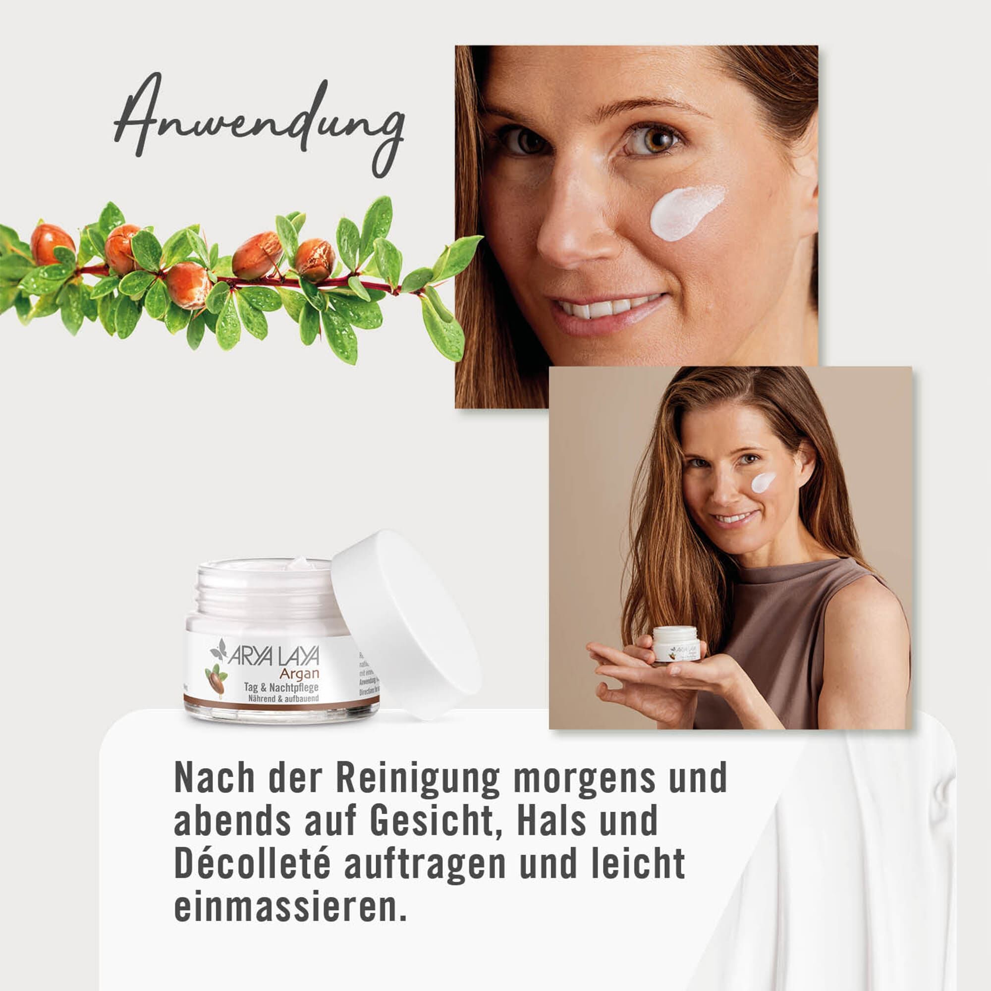 Anwendung ARYA LAYA Argan Tag & Nachtpflege, 50 ml