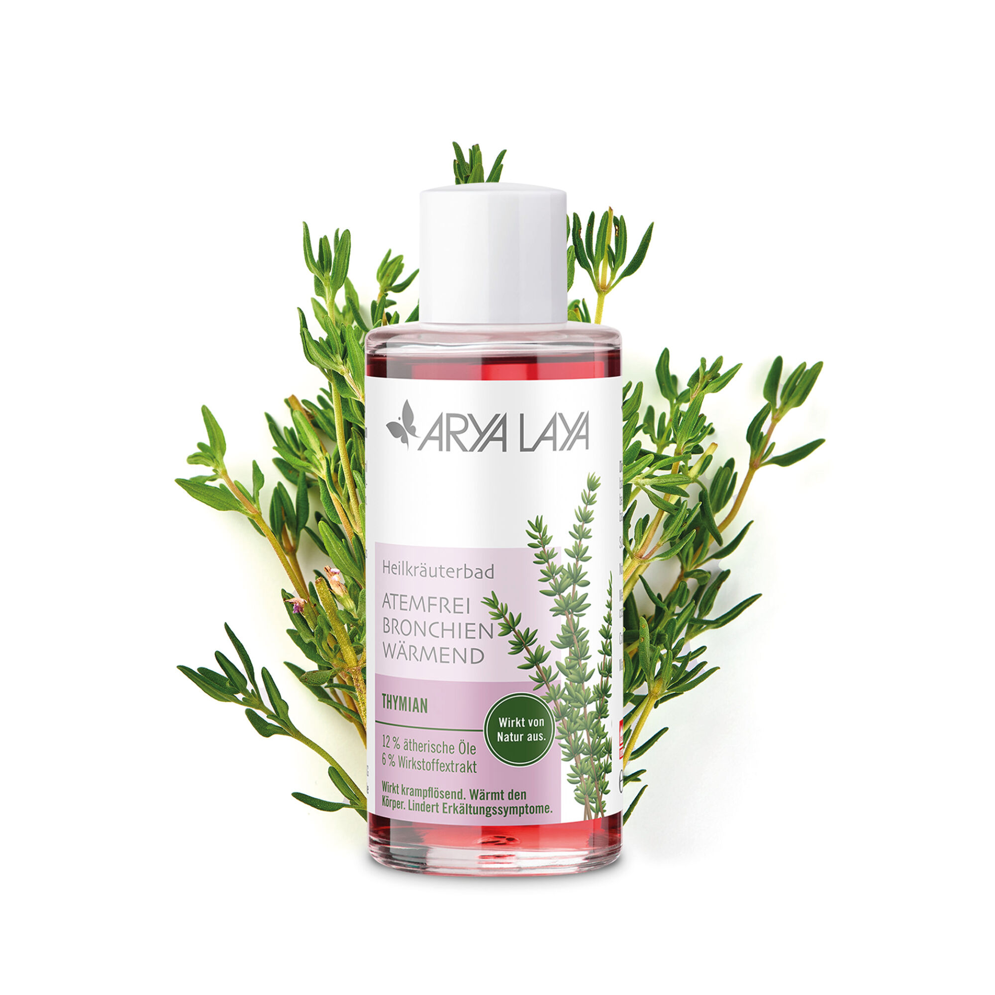 Glasflasche mit ARYA LAYA Heilkräuterbad Thymian - Atemfrei, 100 ml