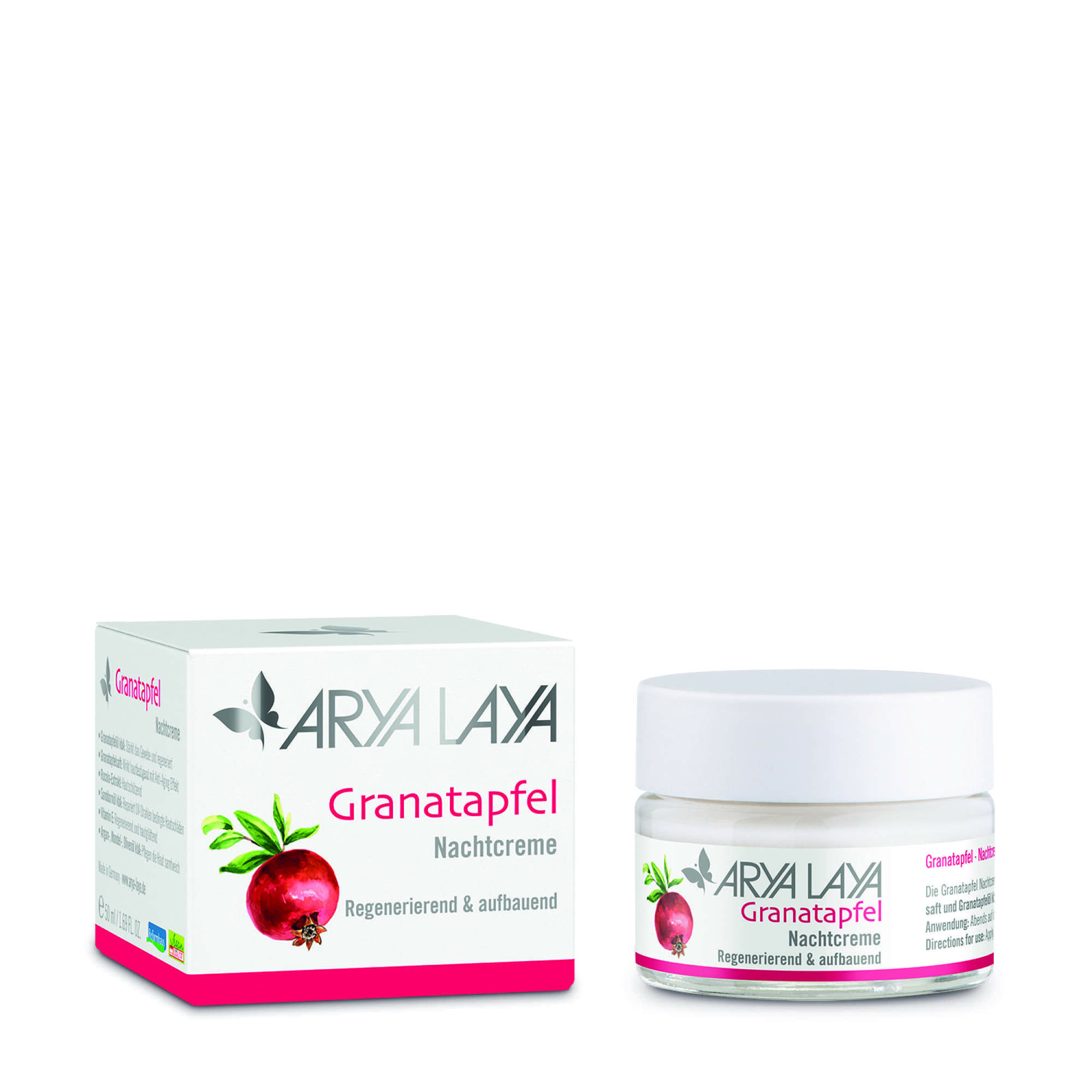 Glastiegel und Faltschachtel mit ARYA LAYA Granatapfel Nachtcreme, 50 ml