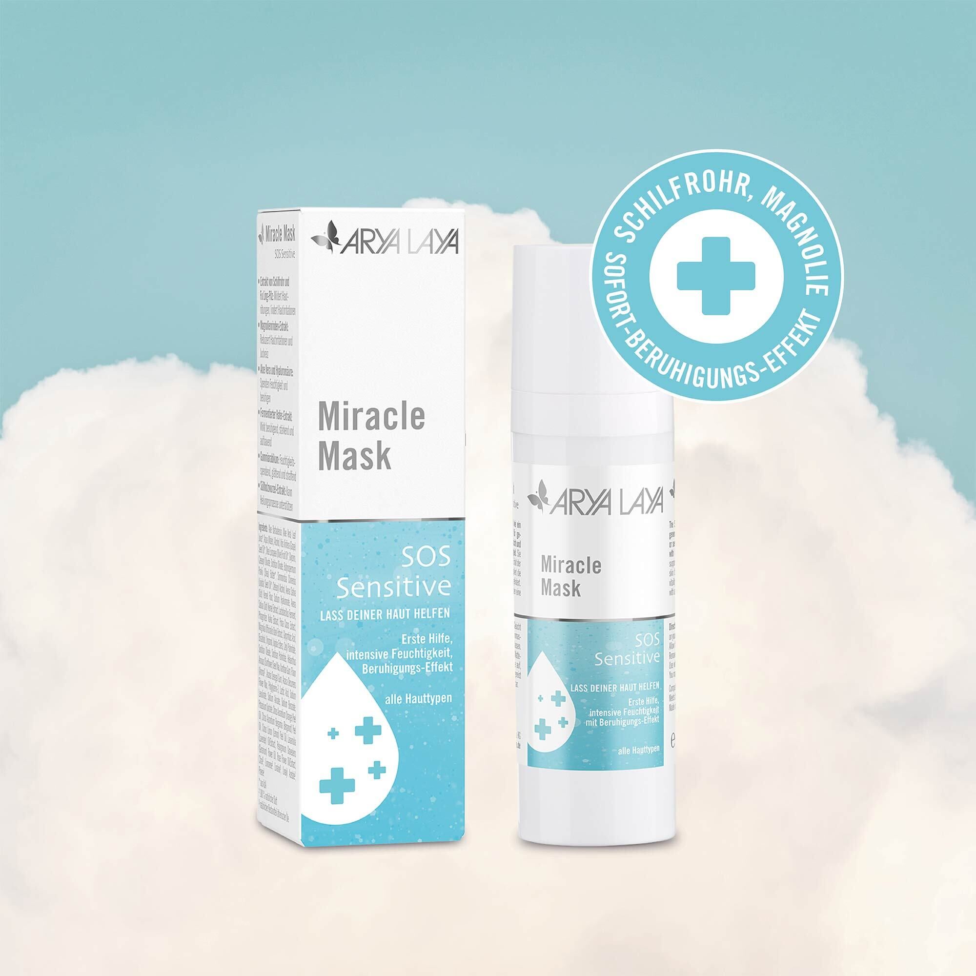 Airless-Spender und Faltschachtel mit ARYA LAYA Miracle Mask SOS Sensitive  sowie Sofort-Effekt Hinweis