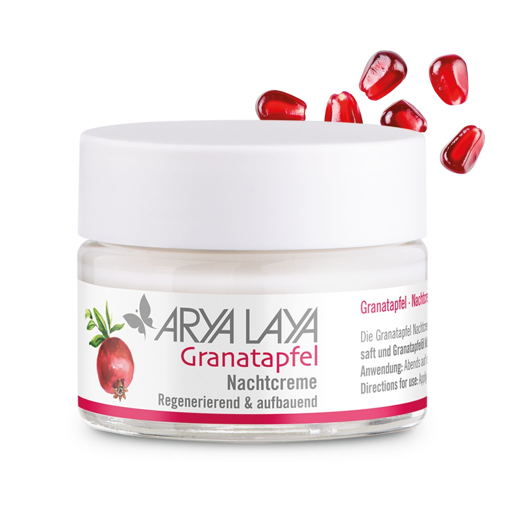 Glastiegel mit ARYA LAYA Granatapfel Nachtcreme, 50 ml