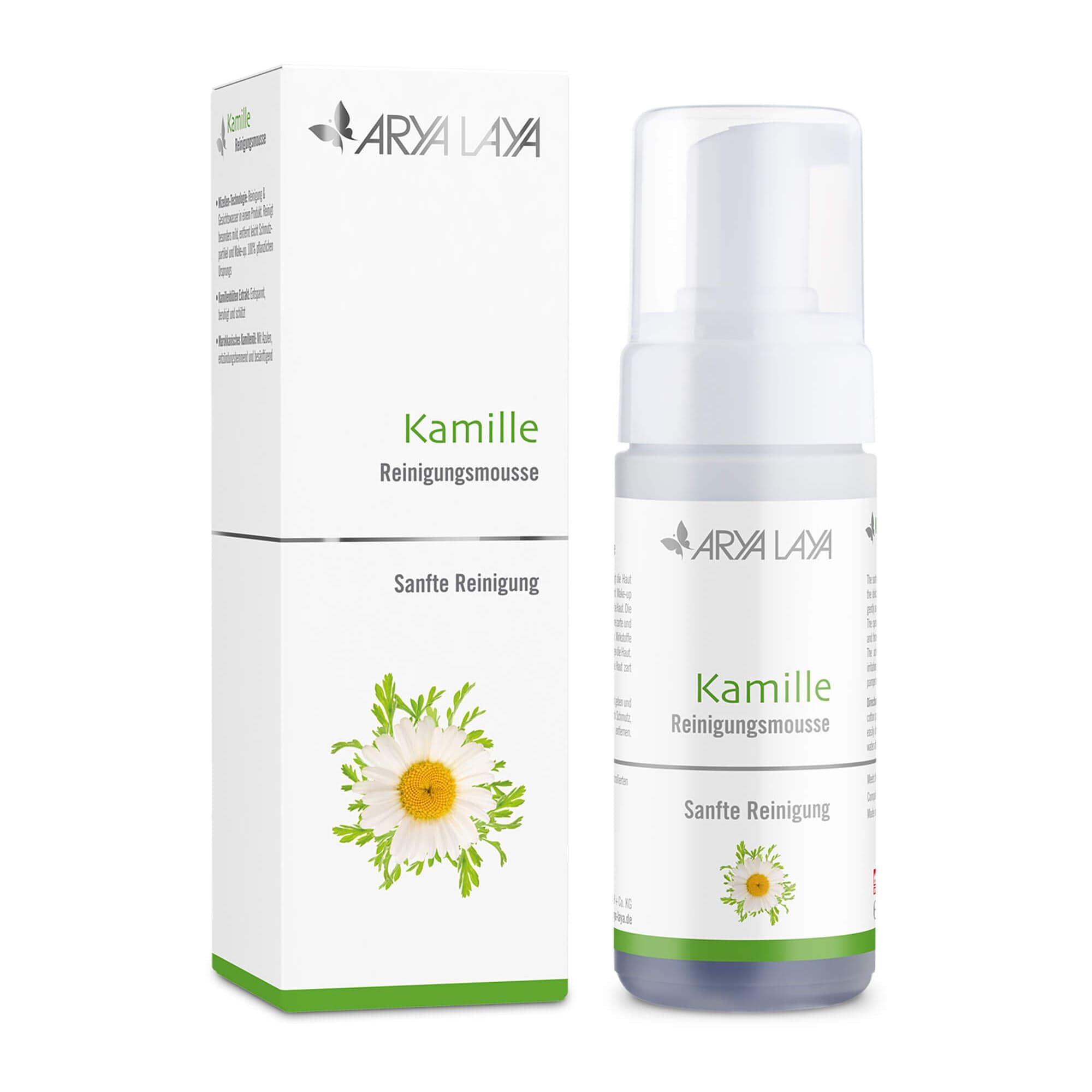 Airless-Spender und Faltschachtel mit ARYA LAYA Kamille Reinigungsmousse, 125 ml