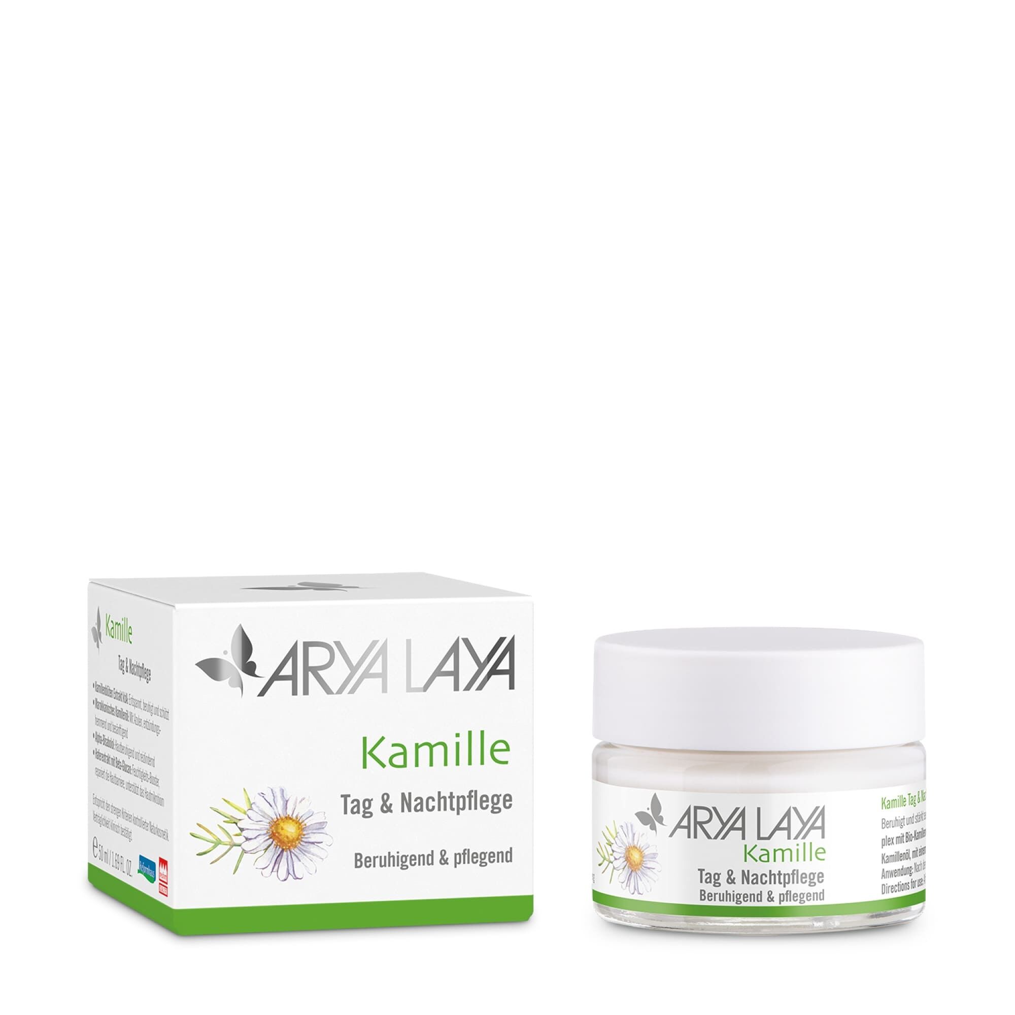 Glastiegel und Faltschachtel mit ARYA LAYA Kamille Tag und Nachtpflege, 50 ml