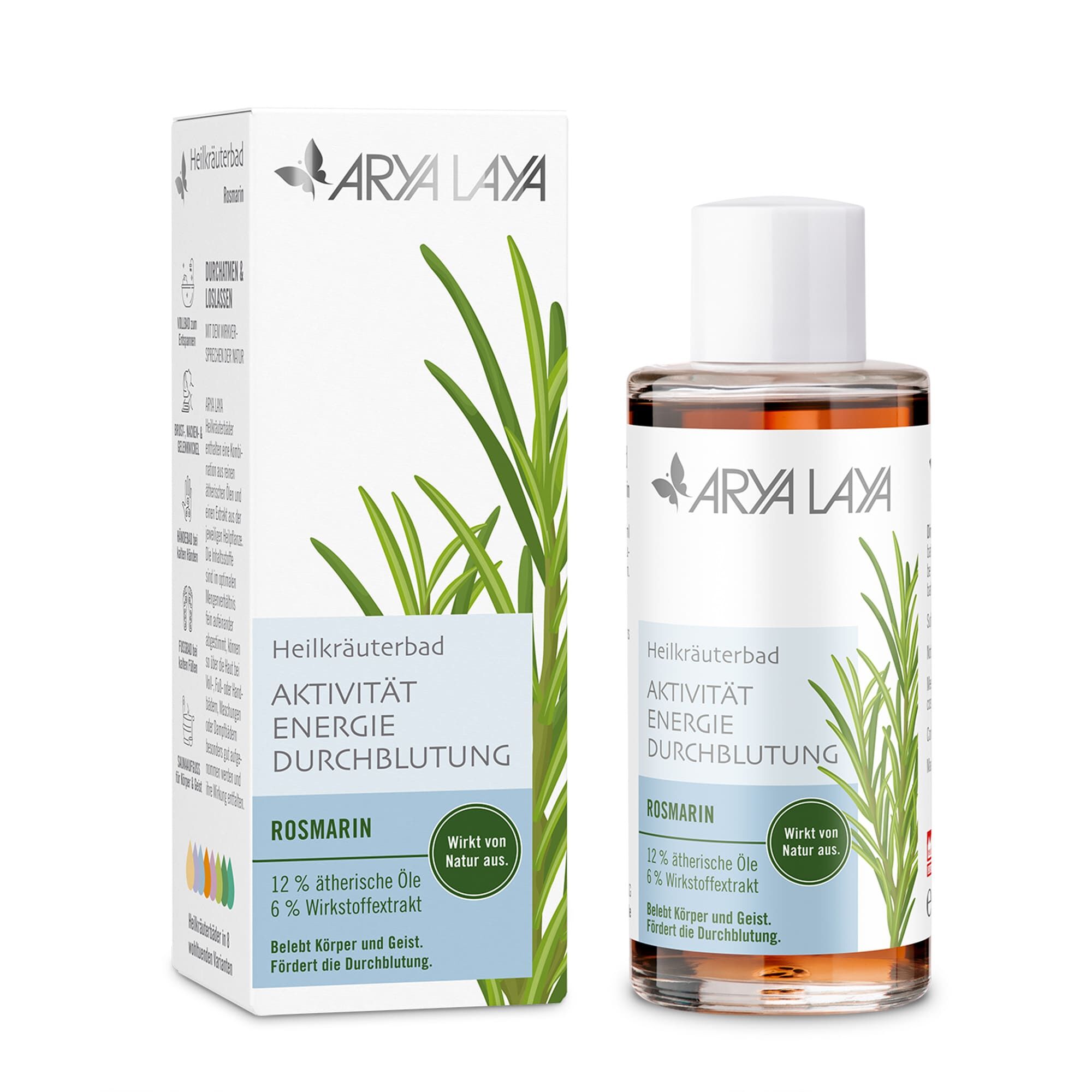 Glasflasche und Faltschachtel mit ARYA LAYA Heilkräuterbad Rosmarin - Durchblutung, 100 ml