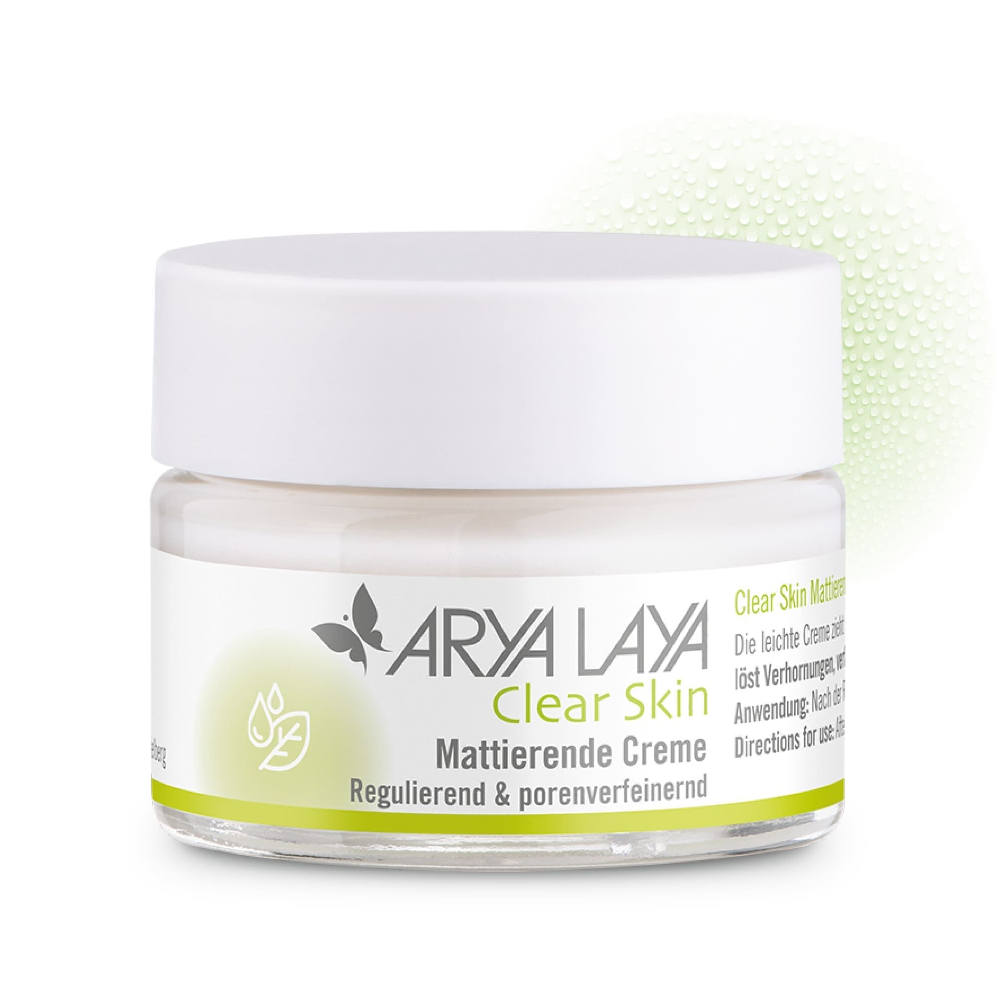 Glastiegel mit ARYA LAYA Clear Skin Mattierende Creme, 50 ml