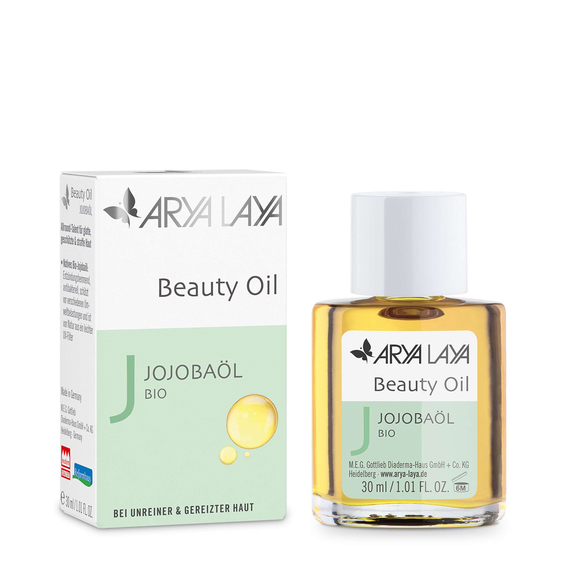 Glasfläschchen und Faltschachtel mit ARYA LAYA Beauty Oil Jojobaöl bio, 30 ml