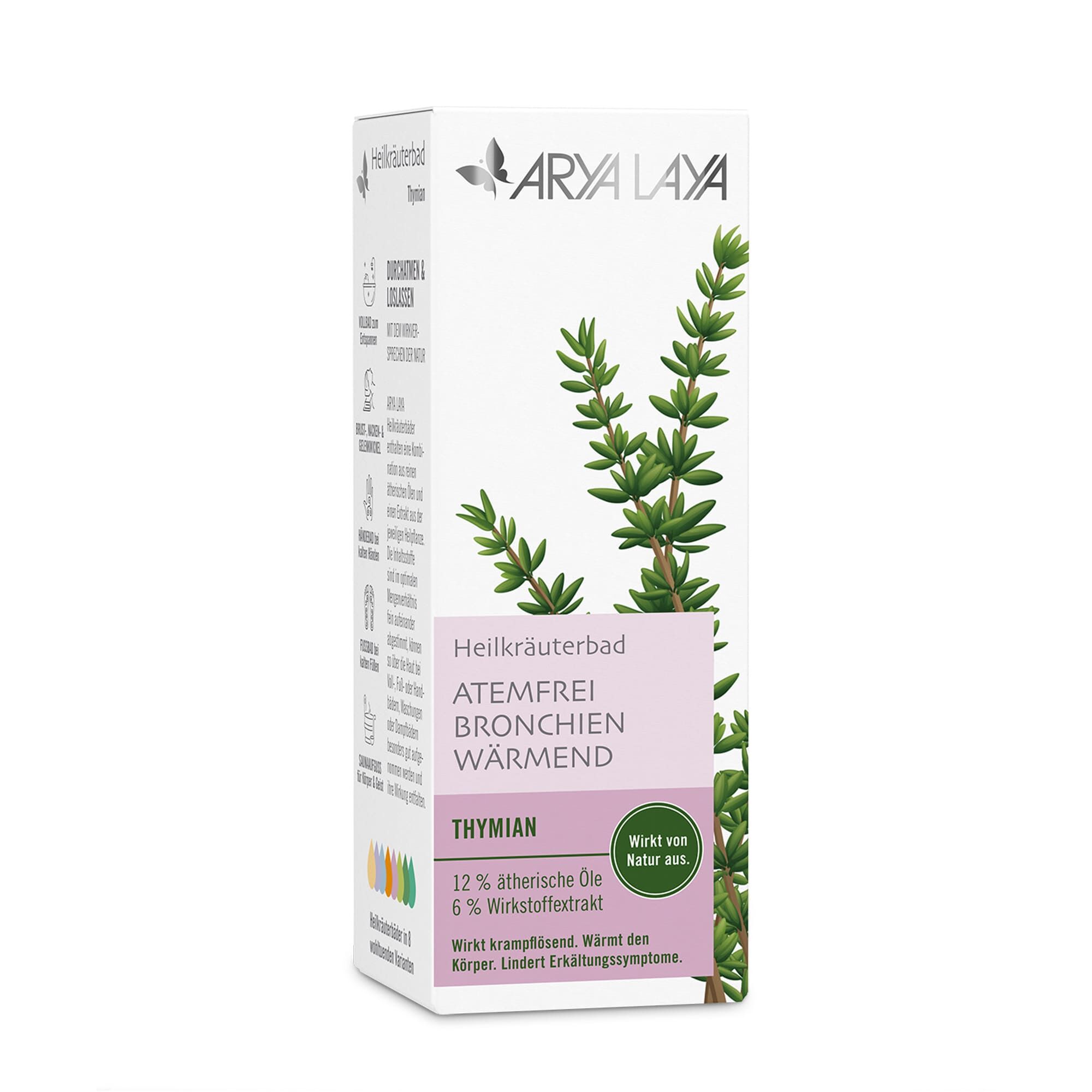 Faltschachtel mit ARYA LAYA Heilkräuterbad Thymian - Atemfrei, 100 ml
