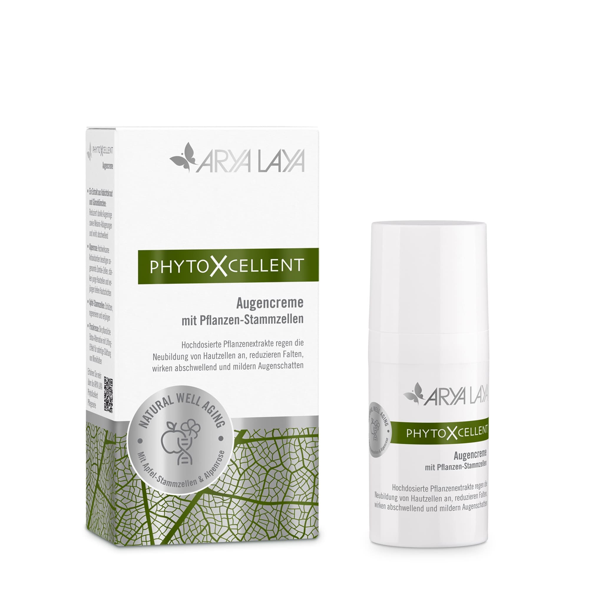 Airless-Spender und Faltschachtel mit ARYA LAYA PhytoXcellent Augencreme, 15 ml