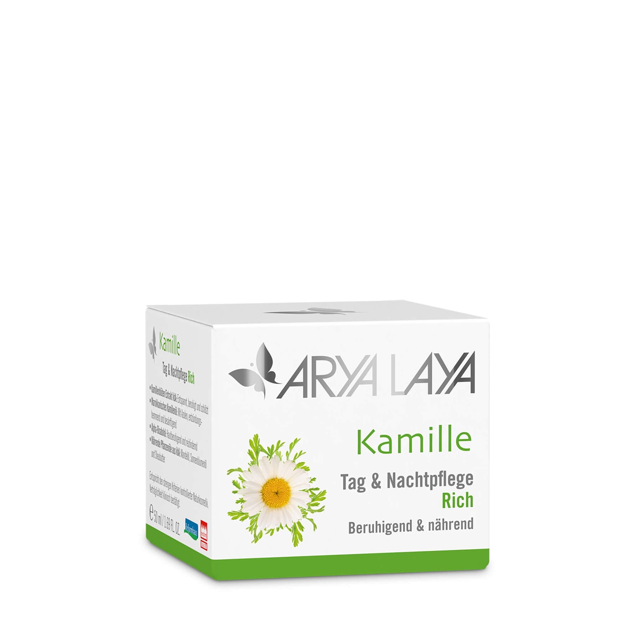 Faltschachtel mit ARYA LAYA Kamille Tag und Nachtpflege Rich, 50 ml