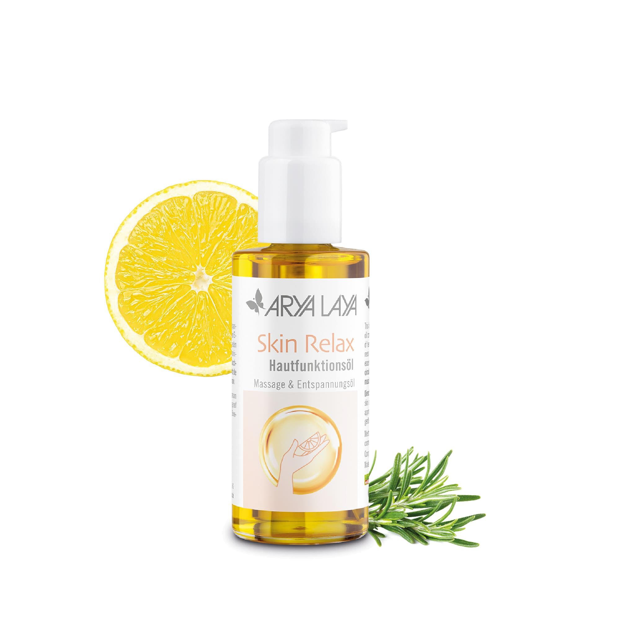 Glasflasche mit ARYA LAYA Hautfunktionsöl Skin Relax Massage & Entspannungsöl, 100 ml