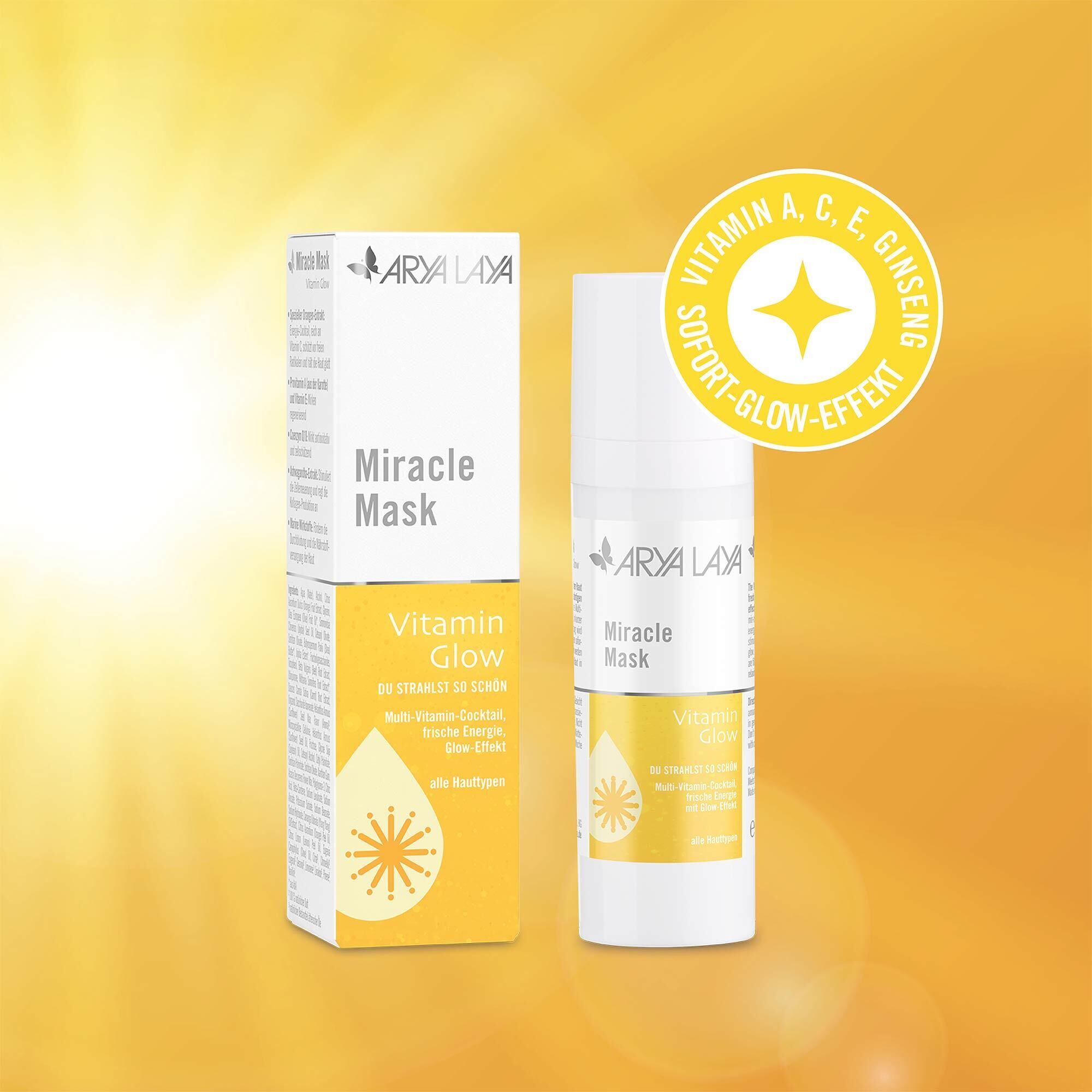 Airless-Spender und Faltschachtel mit ARYA LAYA Miracle Mask Vitamin Glow  sowie Sofort-Effekt Hinweis