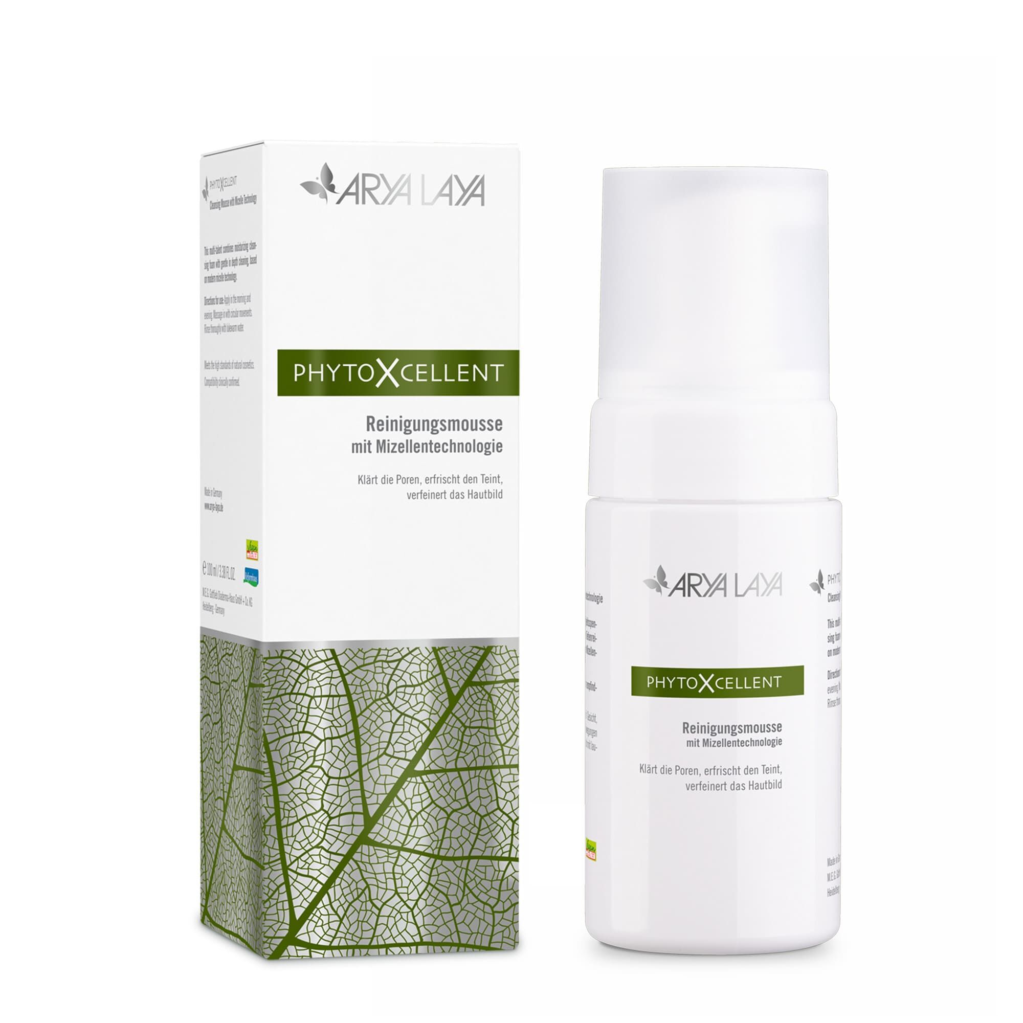 Airless-Spender und Faltschachtel mit ARYA LAYA PhytoXcellent Reinigungsmousse, 100 ml