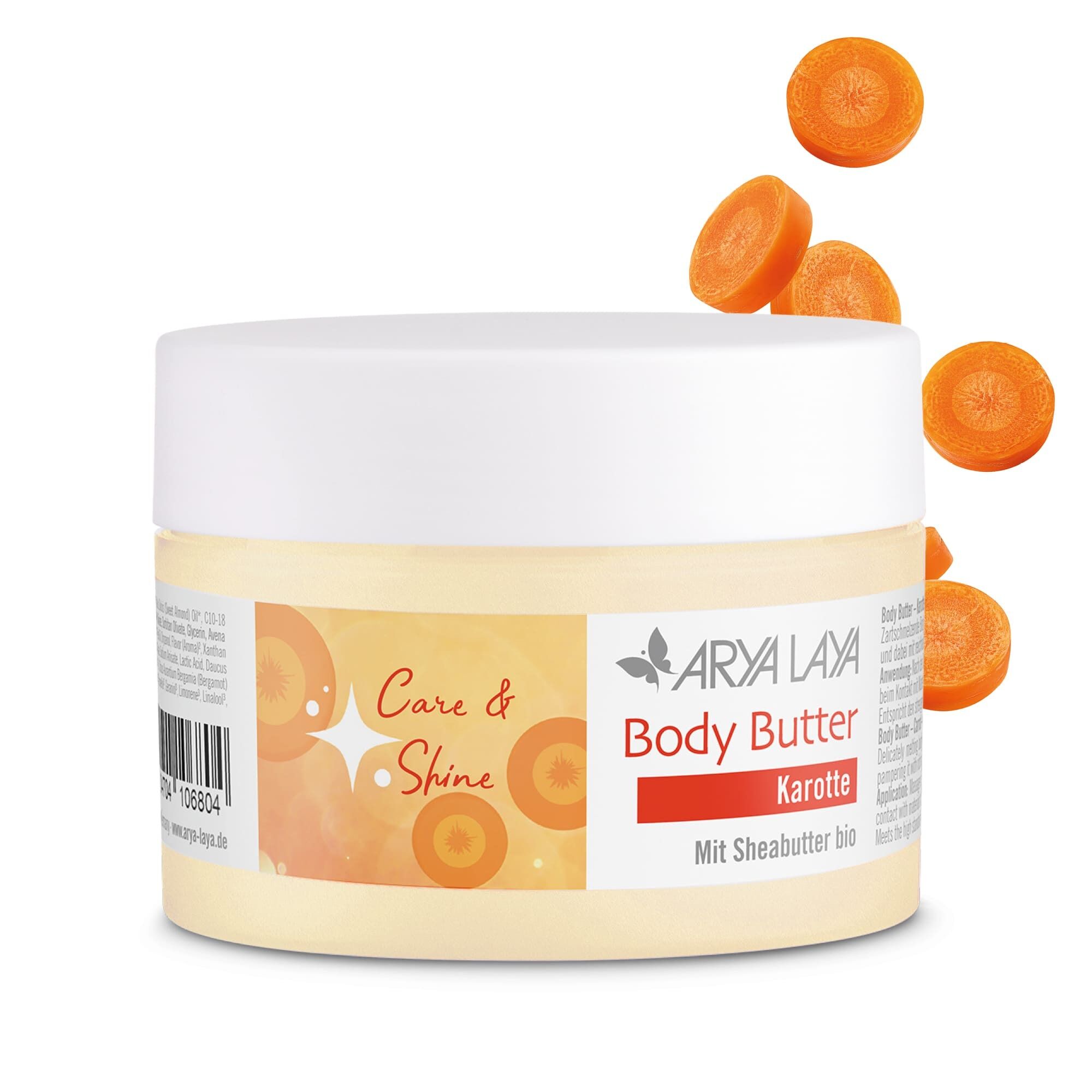Tiegel mit ARYA LAYA Body Butter Care & Shine Karotte, 200 ml