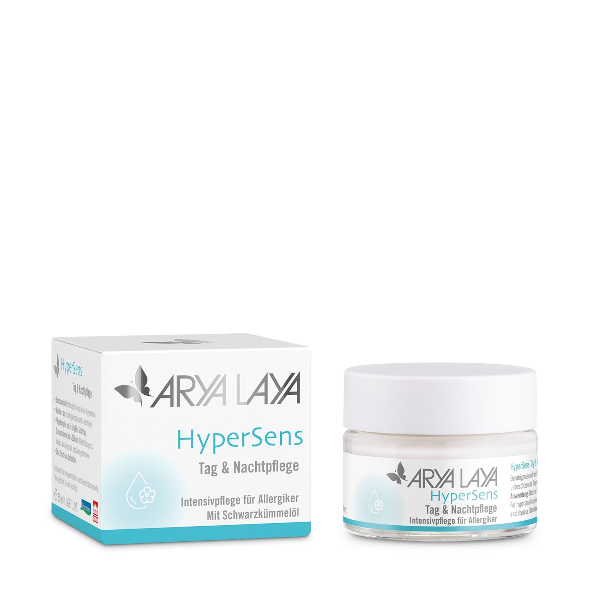 Glastiegel und Faltschachtel mit ARYA LAYA HyperSens Tag und Nachtpflege, 50 ml