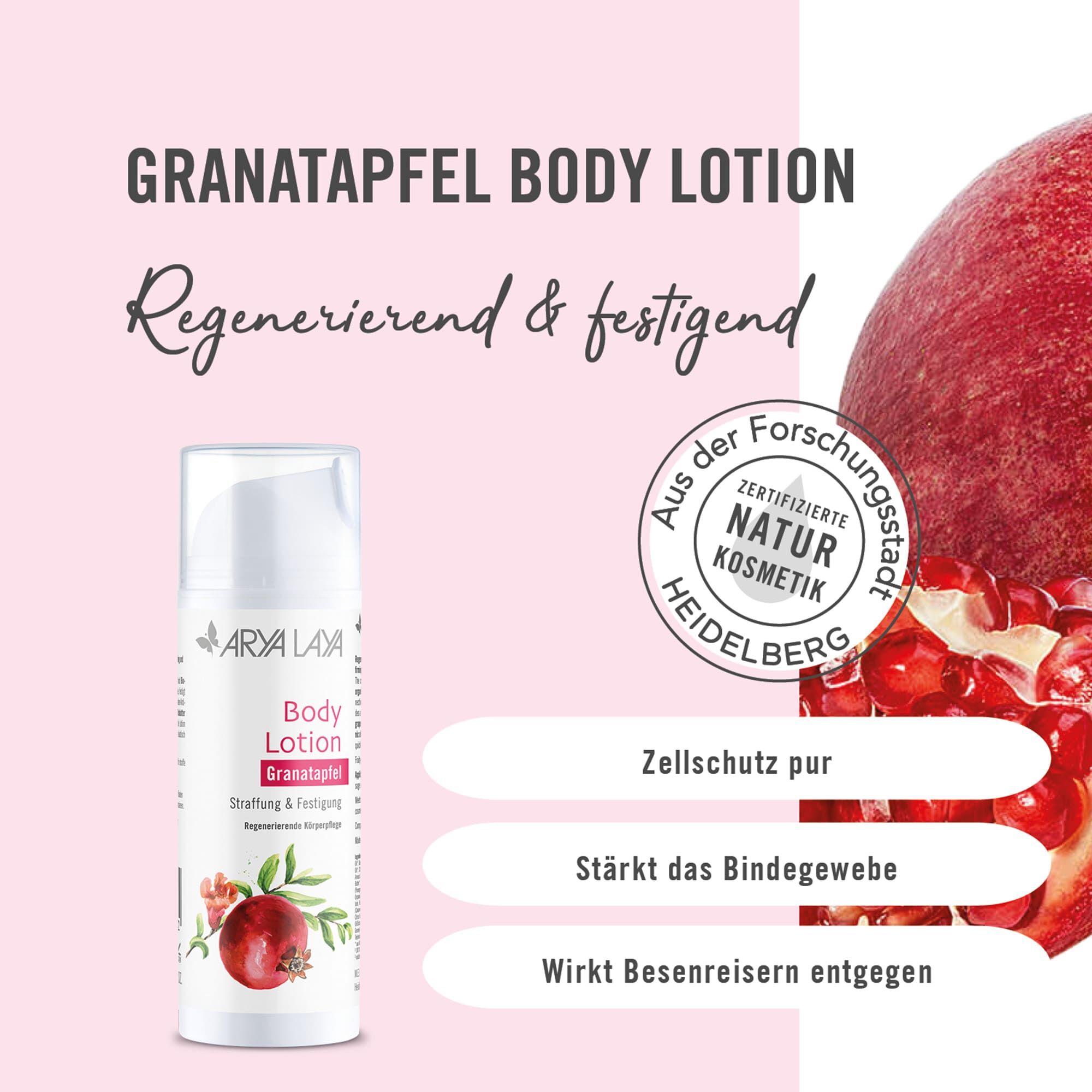 Wirkweise: Body Lotion Granatapfel,  straffend und regenerierend: für schöne Haut mit starkem Bindegewebe, 150 ml Airless-Spender