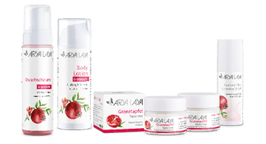 Produktübersicht der ARYA LAYA Pflegeserie Granatapfel
