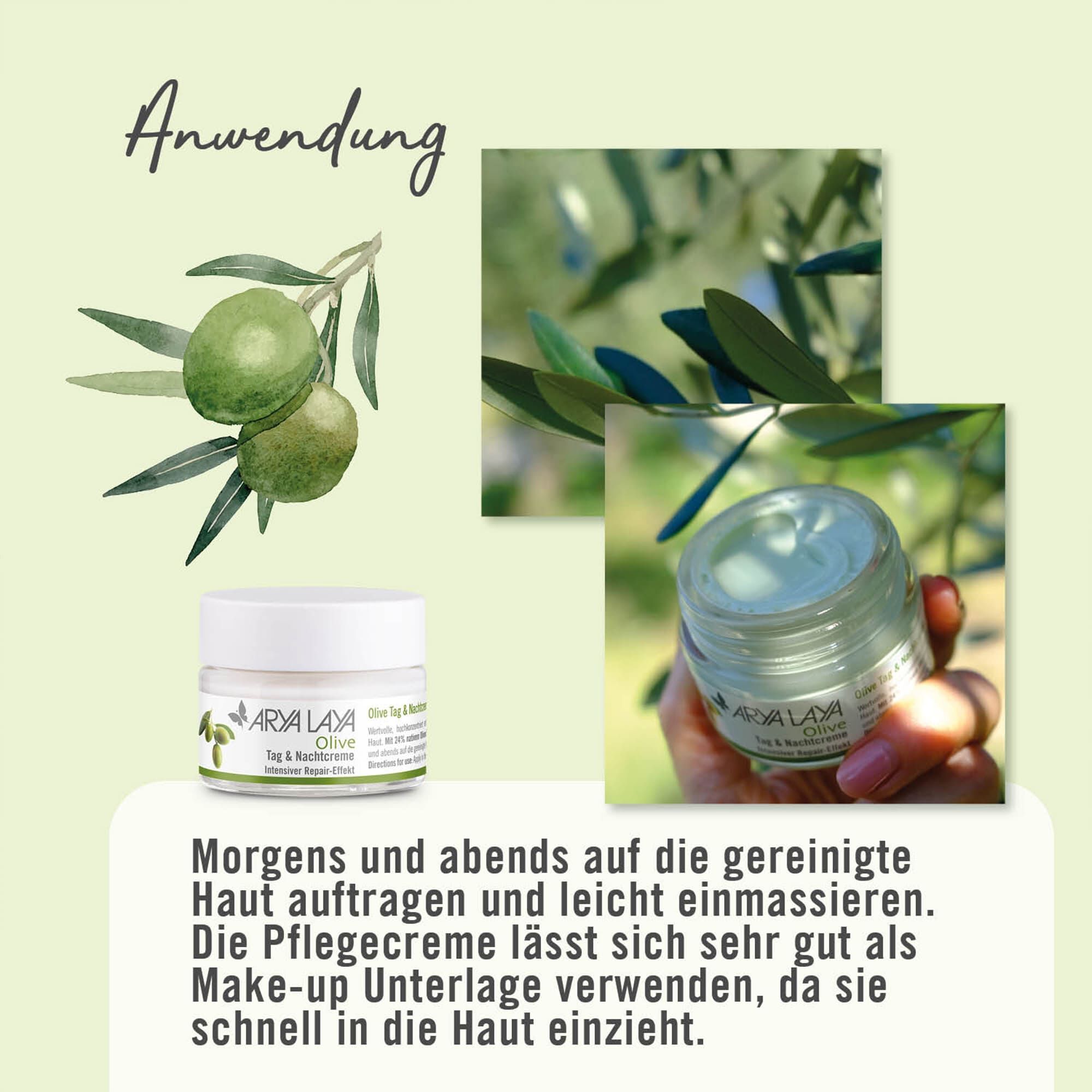 Anwendung ARYA LAYA Olive Tag und Nachtpflege