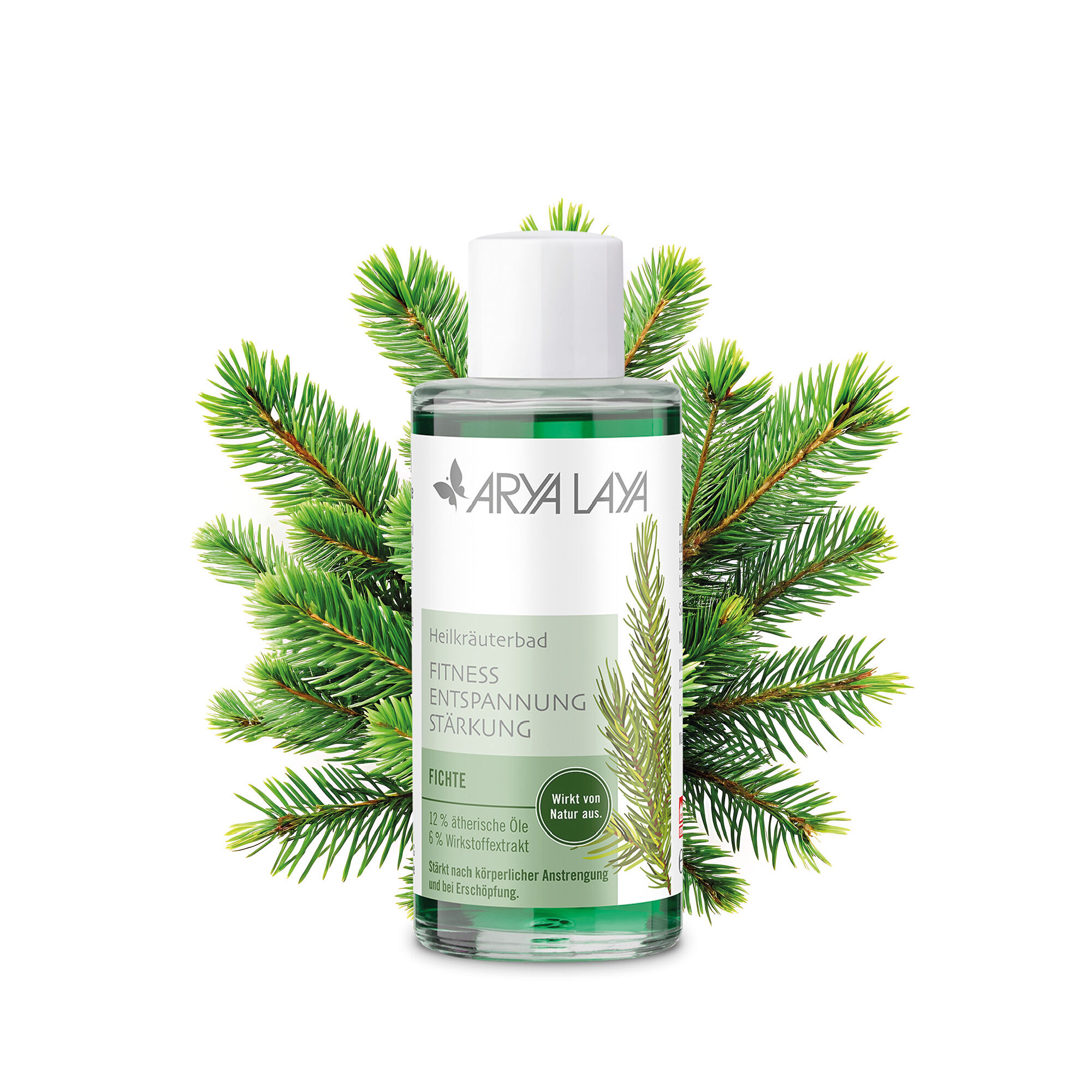 Glasflasche mit ARYA LAYA Heilkräuterbad Fichte - Stärkung, 100 ml