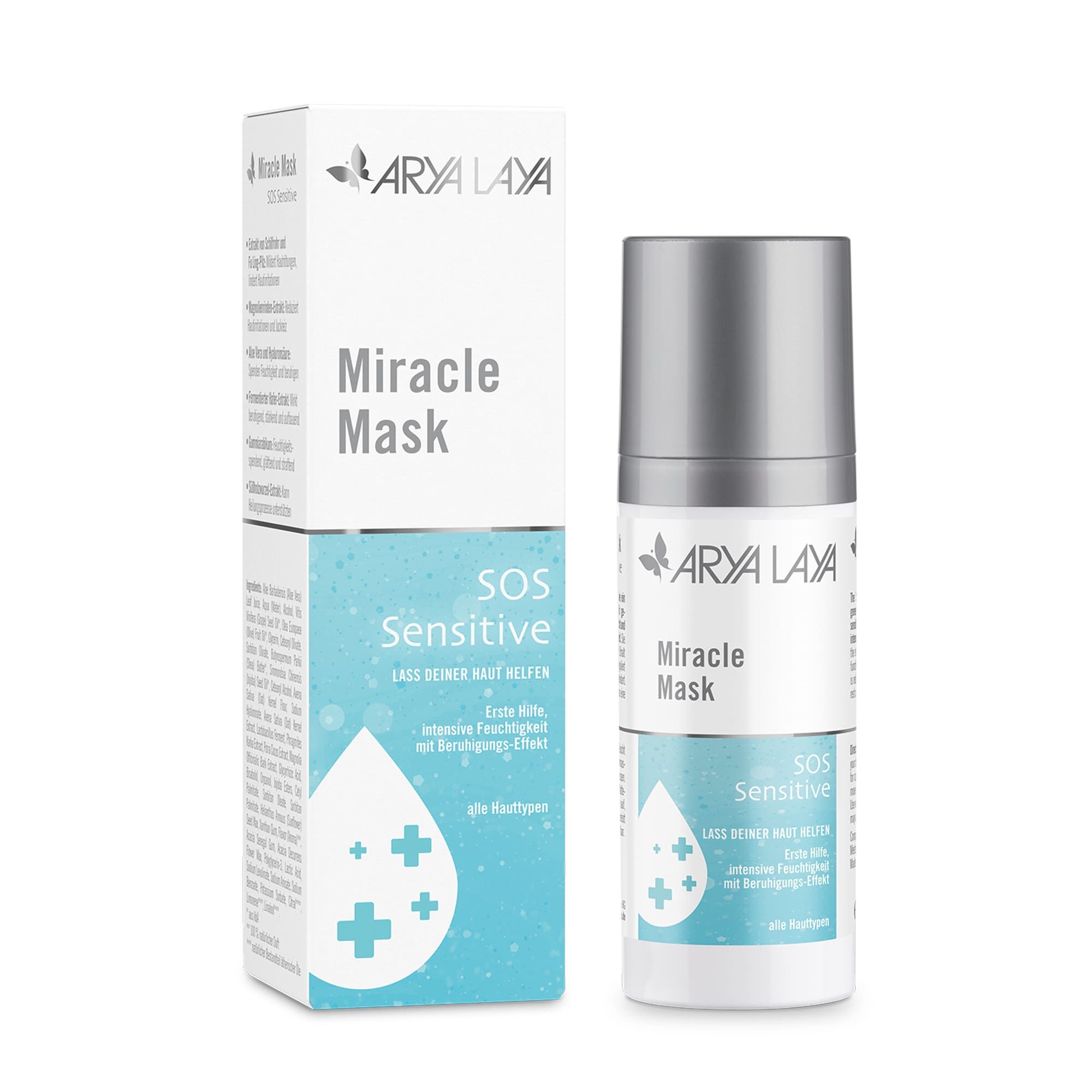 Airless-Spender und Faltschachtel mit ARYA LAYA Miracle Mask SOS Sensitive, 50 ml
