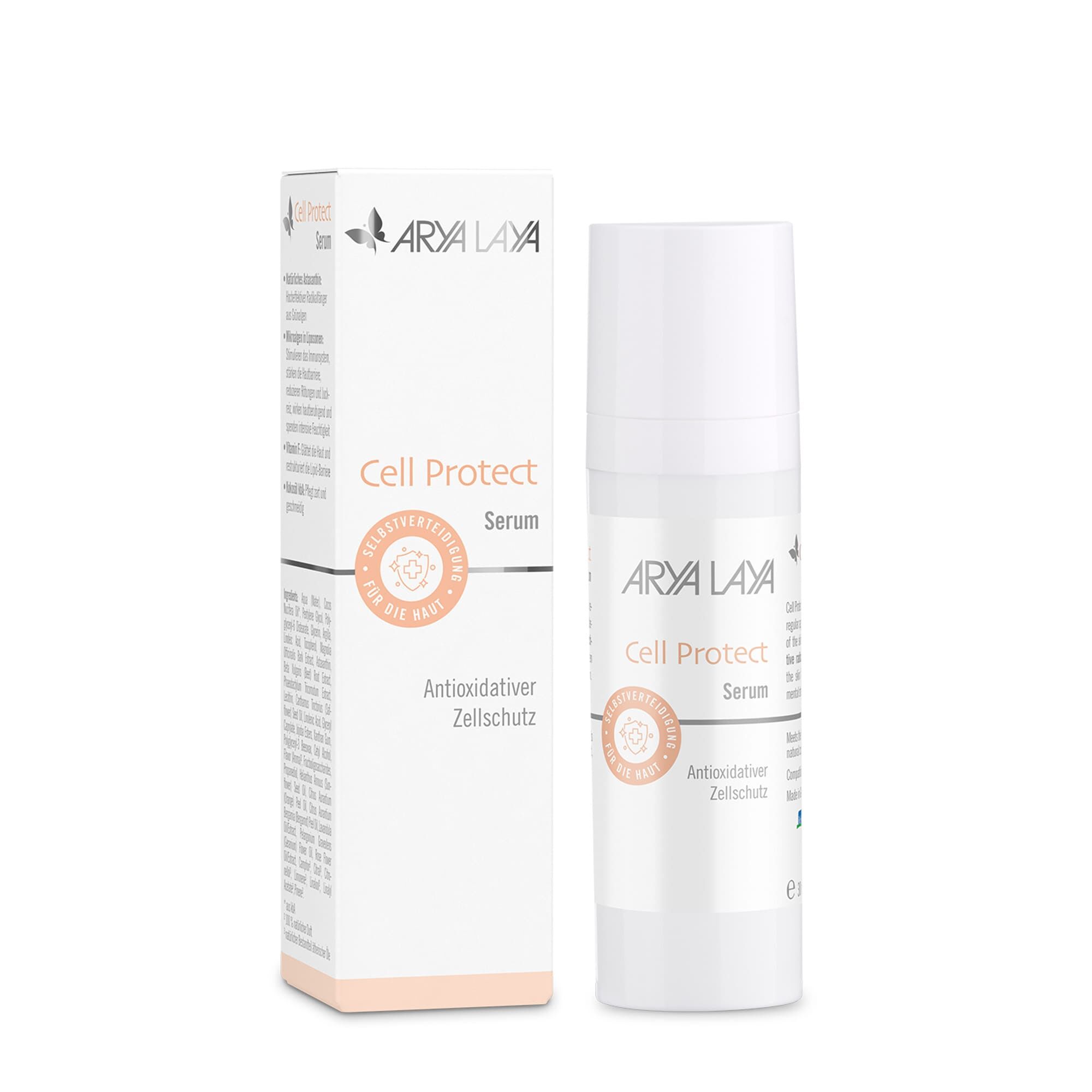Airless-Spender und Faltschachtel mit ARYA LAYA Cell Protect Serum, 30 ml
