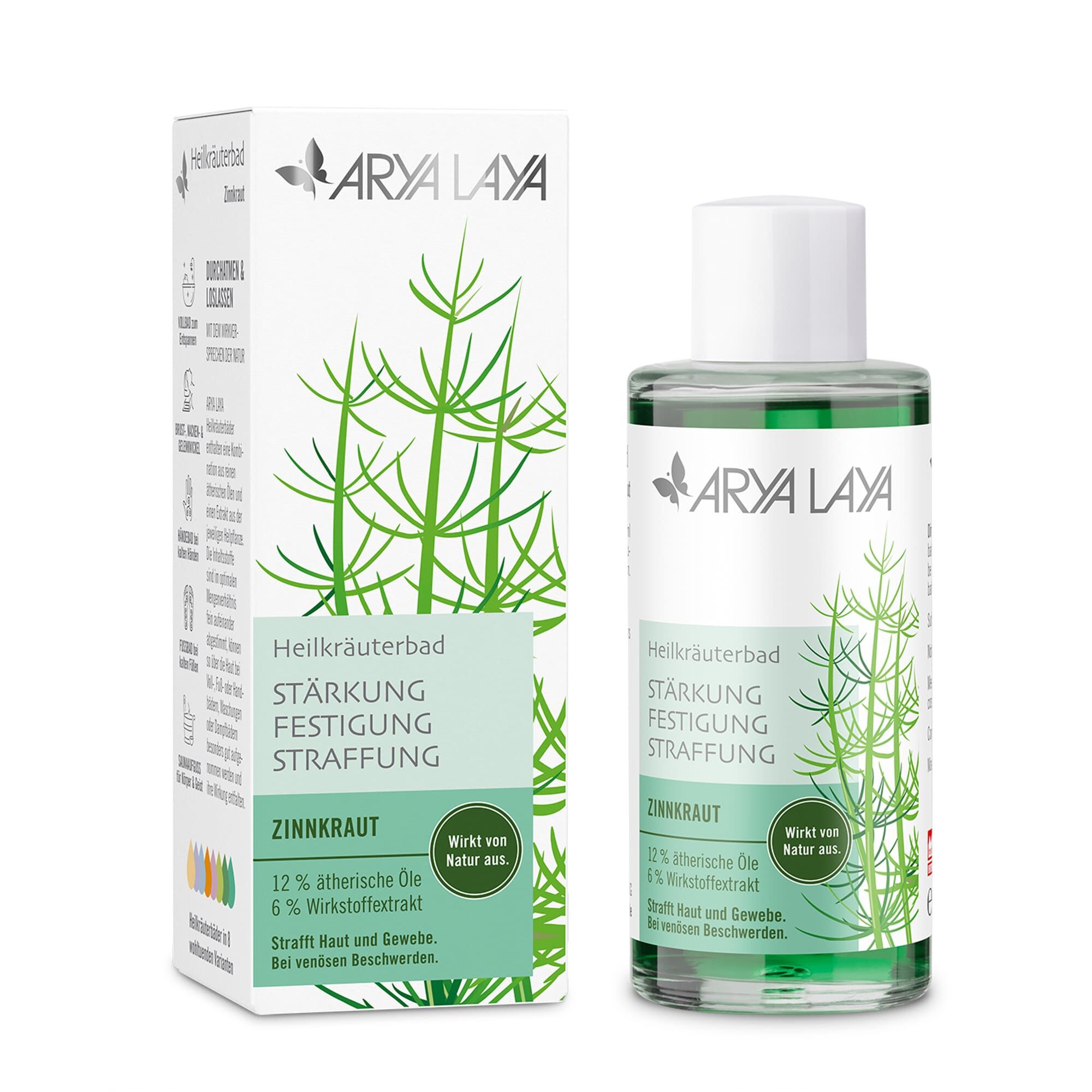 Glasflasche und Faltschachtel mit ARYA LAYA Heilkräuterbad Zinnkraut - Straffung, 100 ml