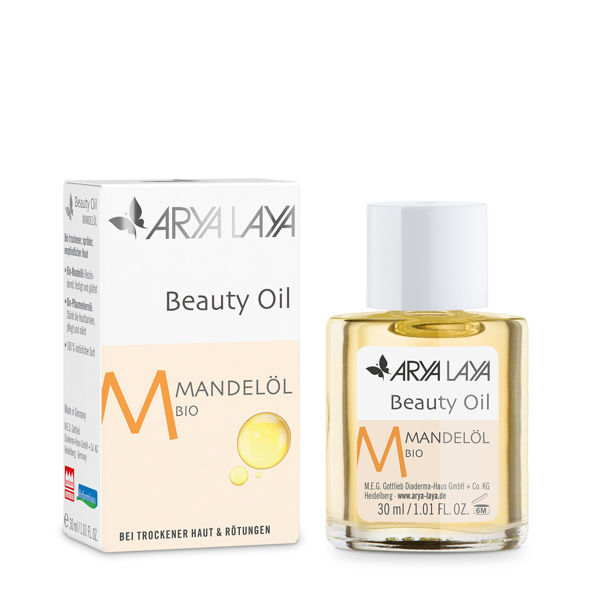 Glasfläschchen und Faltschachtel mit ARYA LAYA Beauty Oil Mandelöl bio, 30 ml