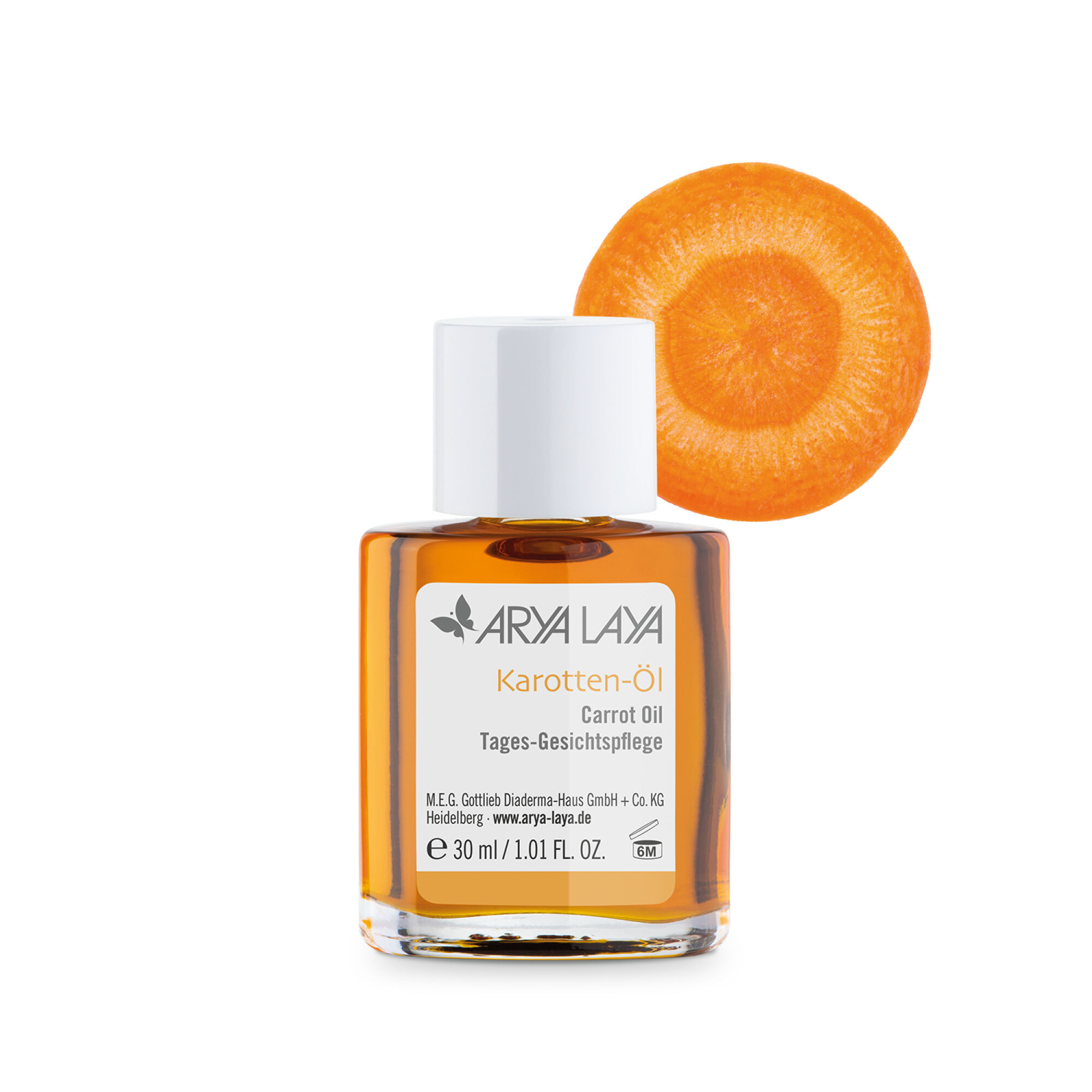 Glasfläschchen mit ARYA LAYA Karotten-Öl Tages-Gesichtspflege, 30 ml