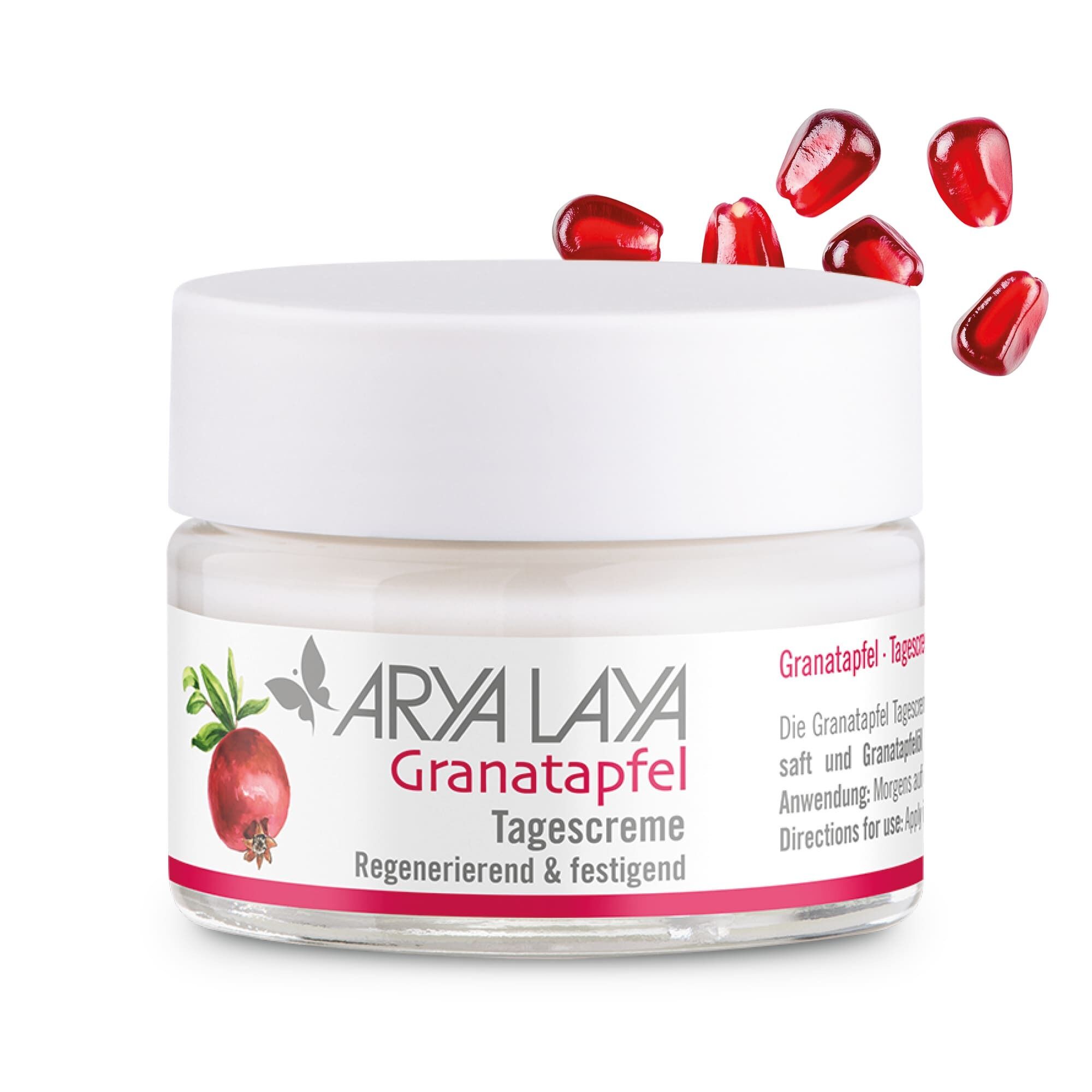 Glastiegel mit ARYA LAYA Granatapfel Tagescreme, 50 ml