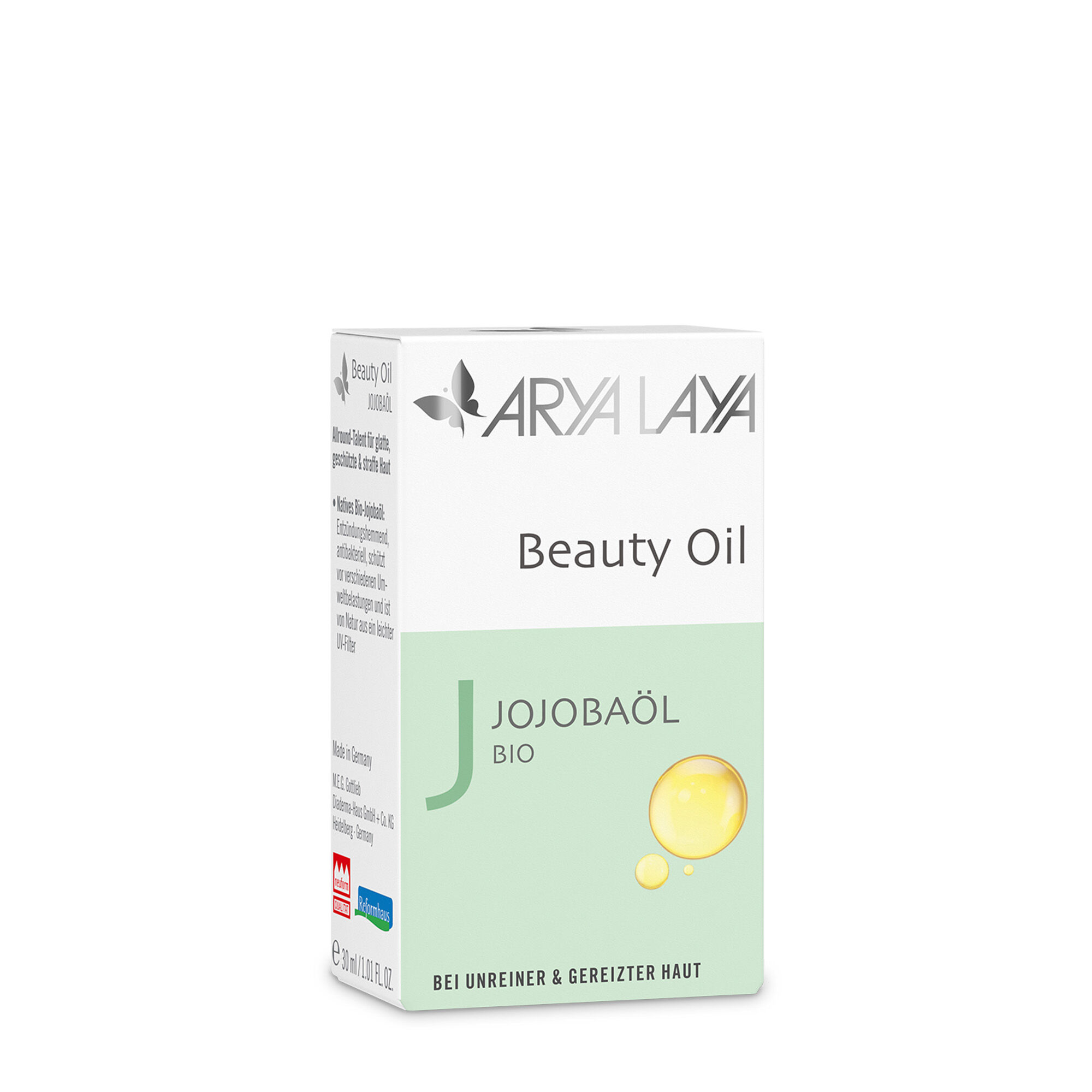 Faltschachtel mit ARYA LAYA Beauty Oil Jojobaöl bio, 30 ml