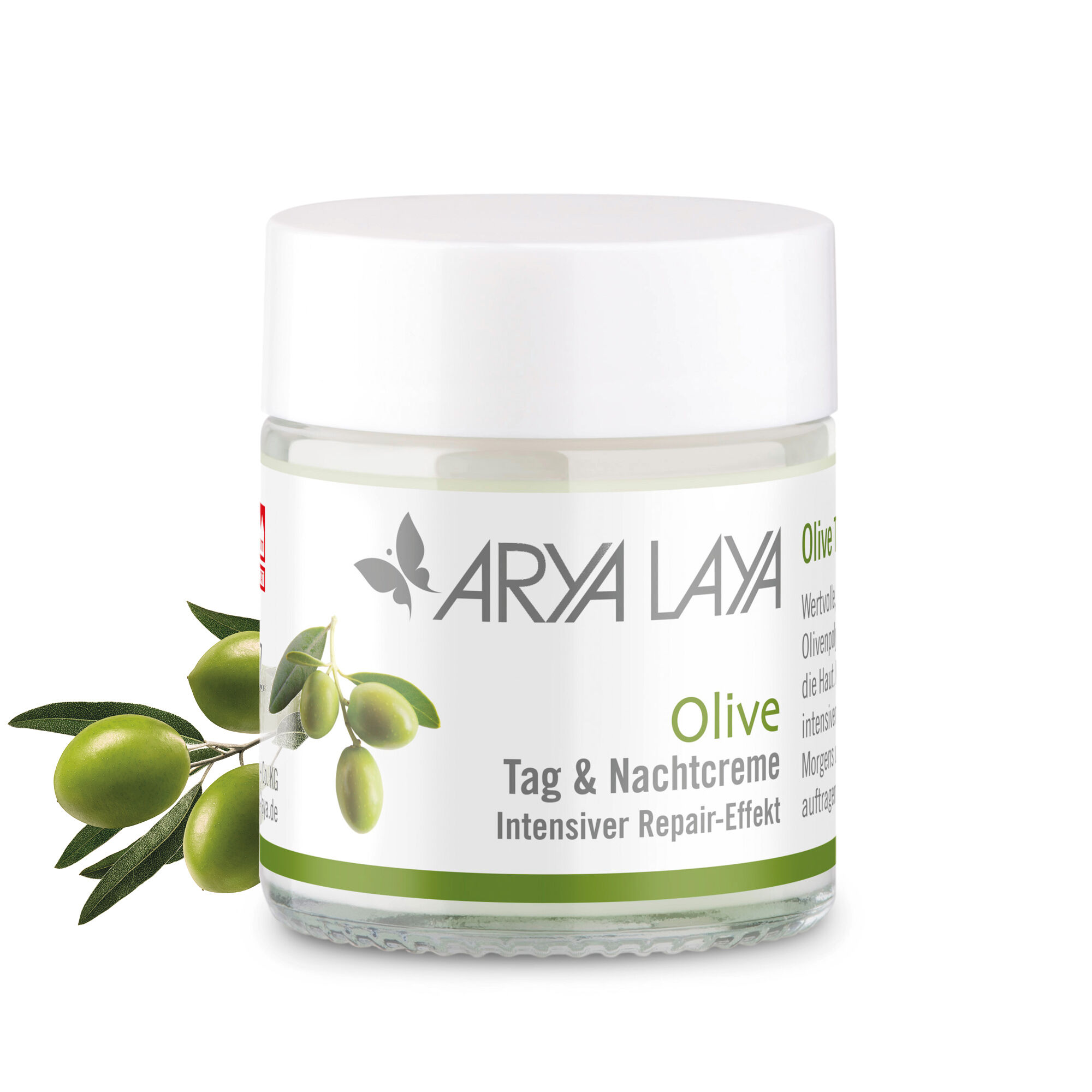 Glastiegel mit ARYA LAYA Olive Tag und Nachtpflege Reisegröße, 20 ml