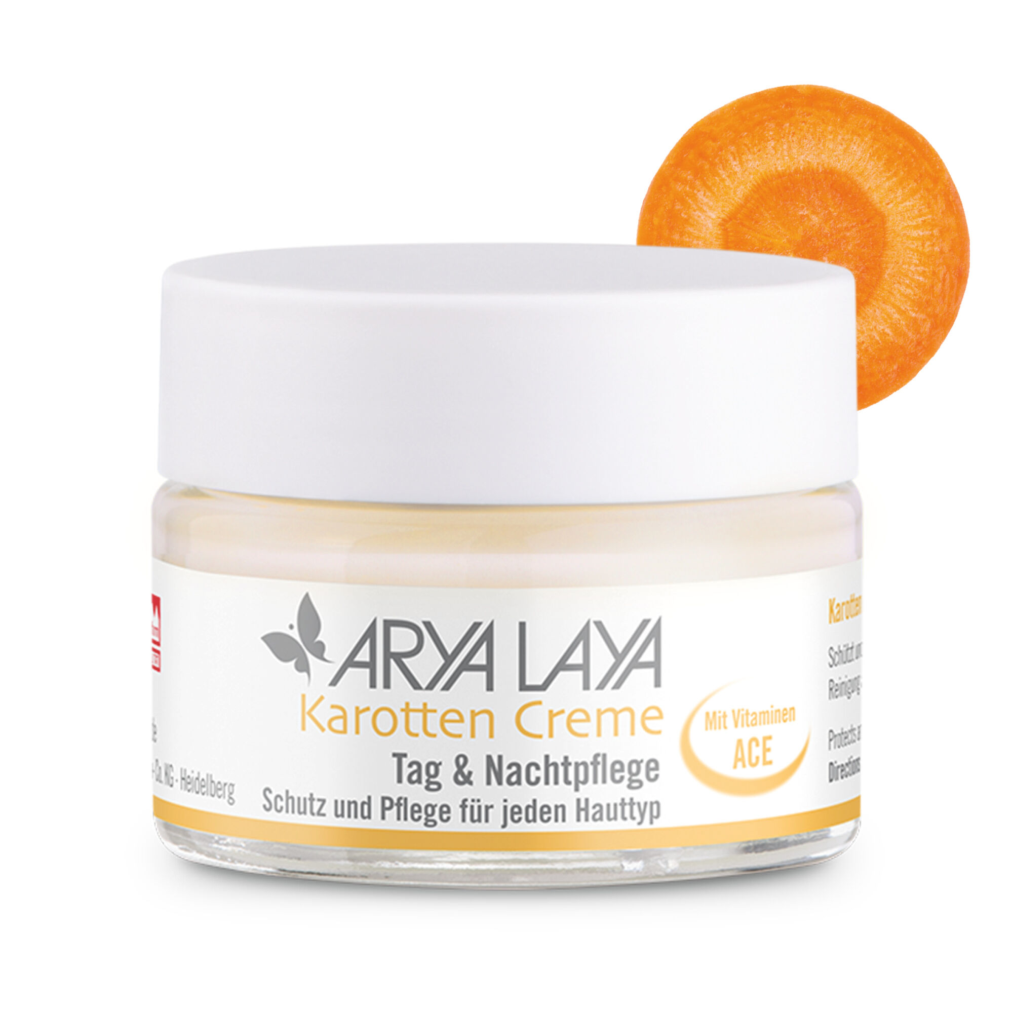 Glastiegel mit ARYA LAYA Karotten Creme Tag und Nachtpflege, 50 ml