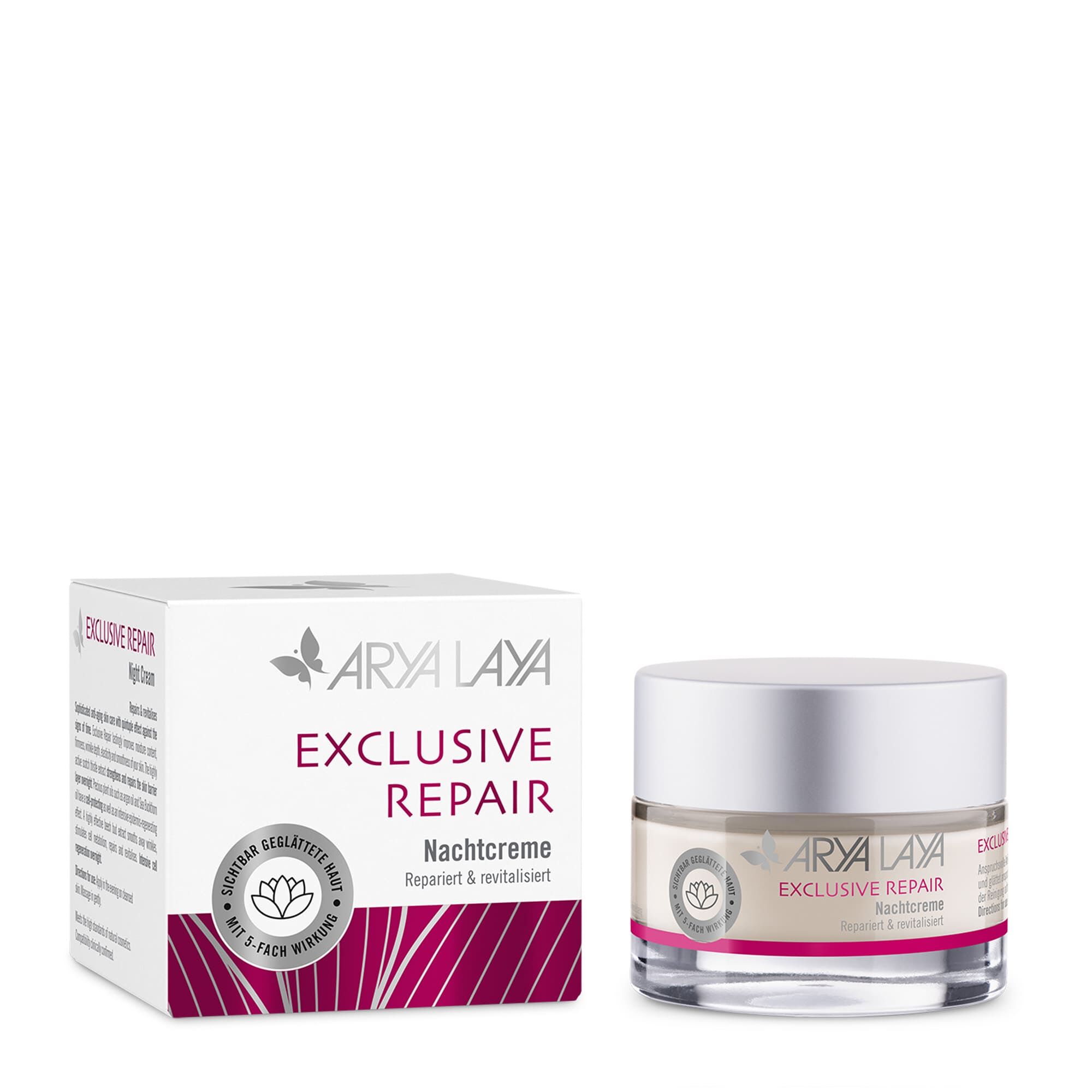 Tiegel und Faltschachtel mit ARYA LAYA Exclusive Repair Nachtcreme, 50 ml